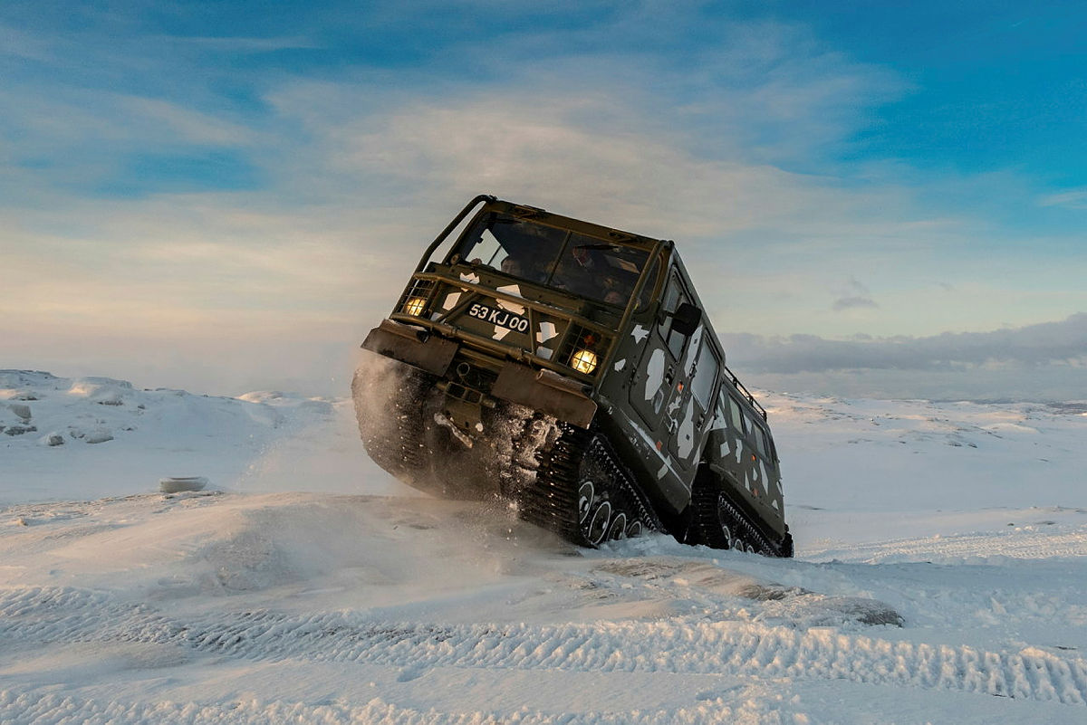 Royal Marine Viking armoured amphibious vehicle conducting trianing in Norway in 2021
