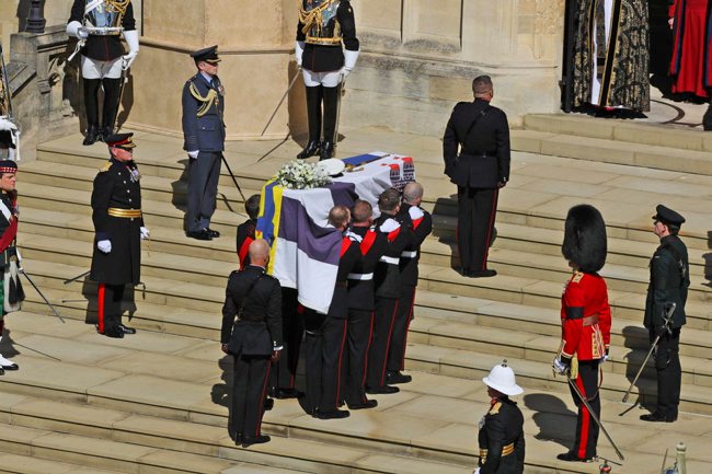 Royal Marines Bearer Party with Prince Philip's coffin in St George's Chapel in Windsor