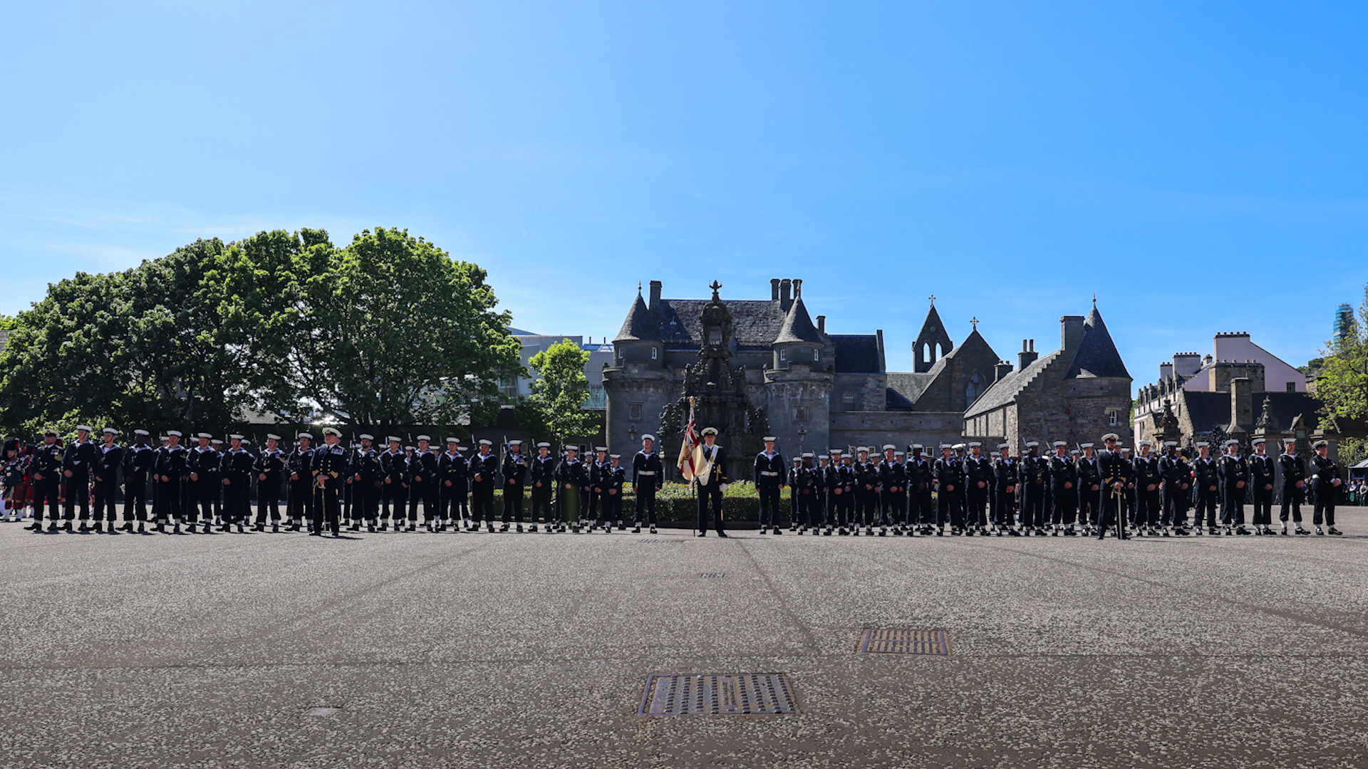 Royal Navy sailors providing the ceremonial guard at the Palace of Holyroodhouse in Edinburgh