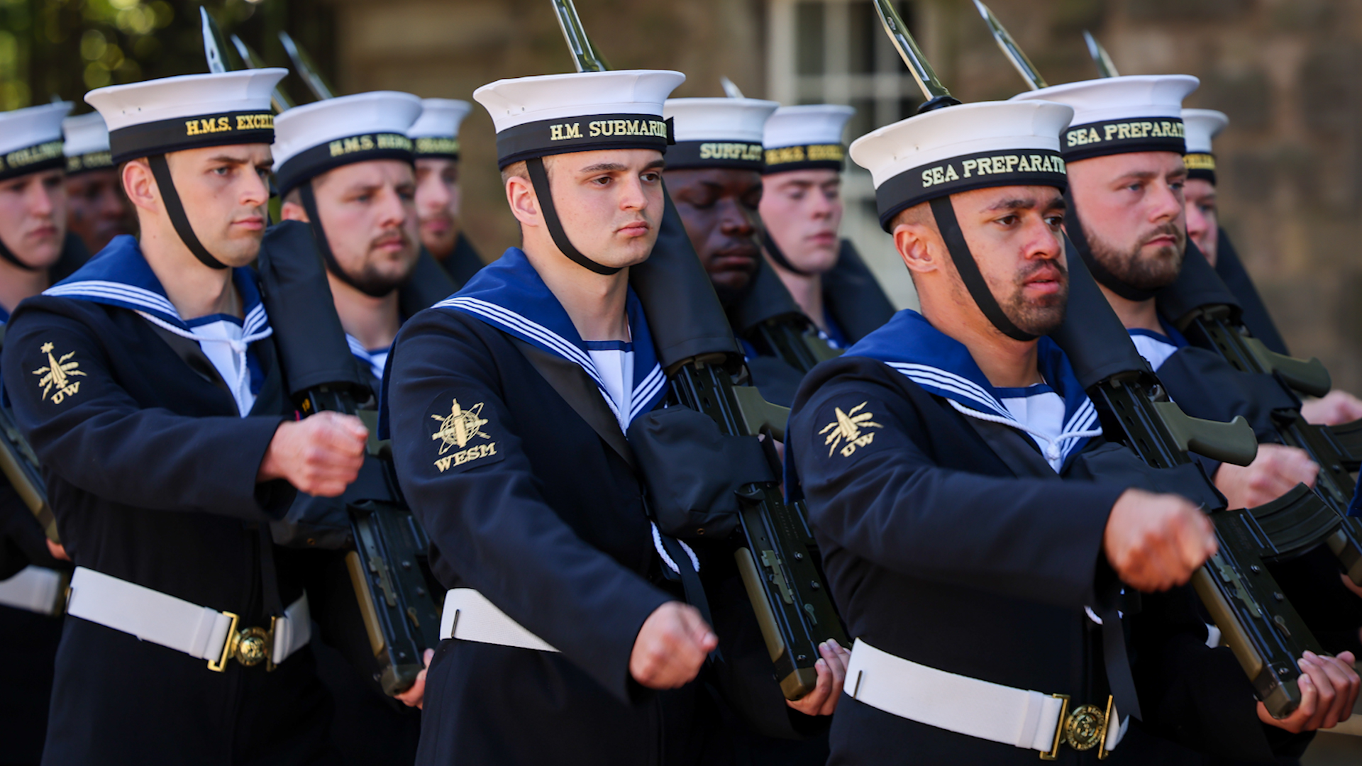 Royal Navy sailors march at the Palace of Holyroodhouse in Edinburgh