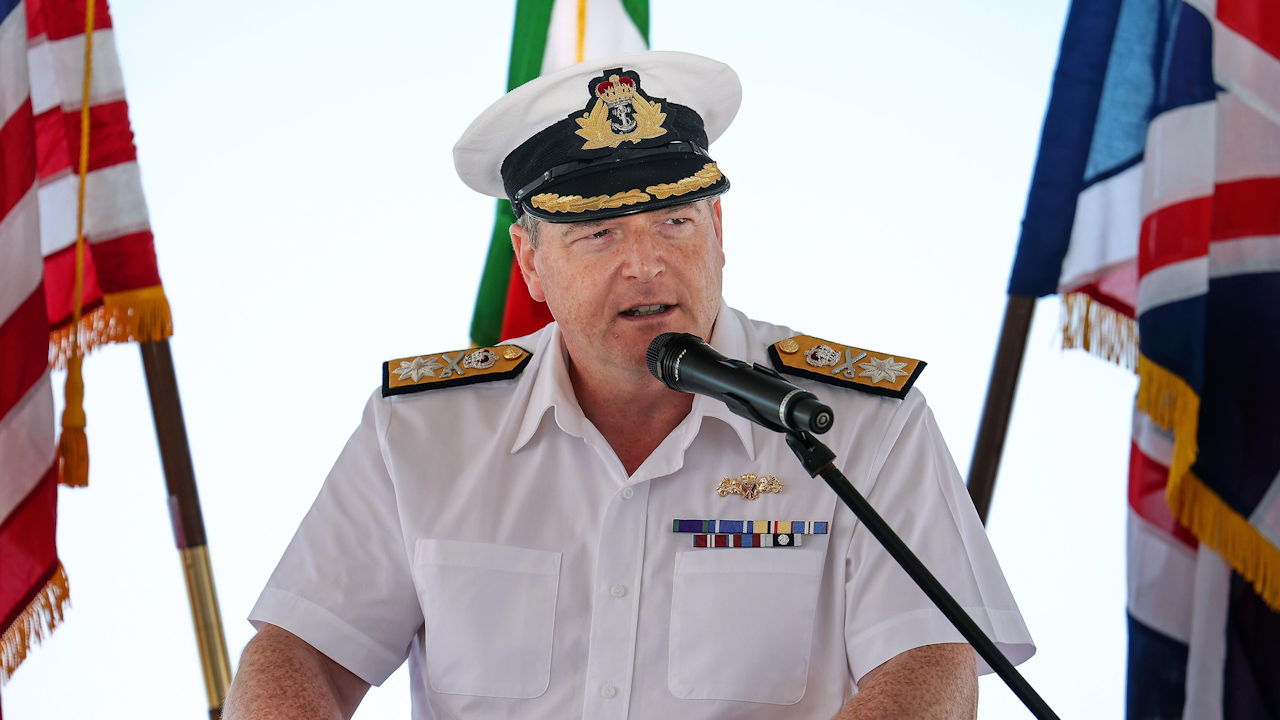 Royal Navy Commodore Paul Stroude speaking onboard the Arleigh Burke destroyer USS James E Williams (Picture: Royal Navy).