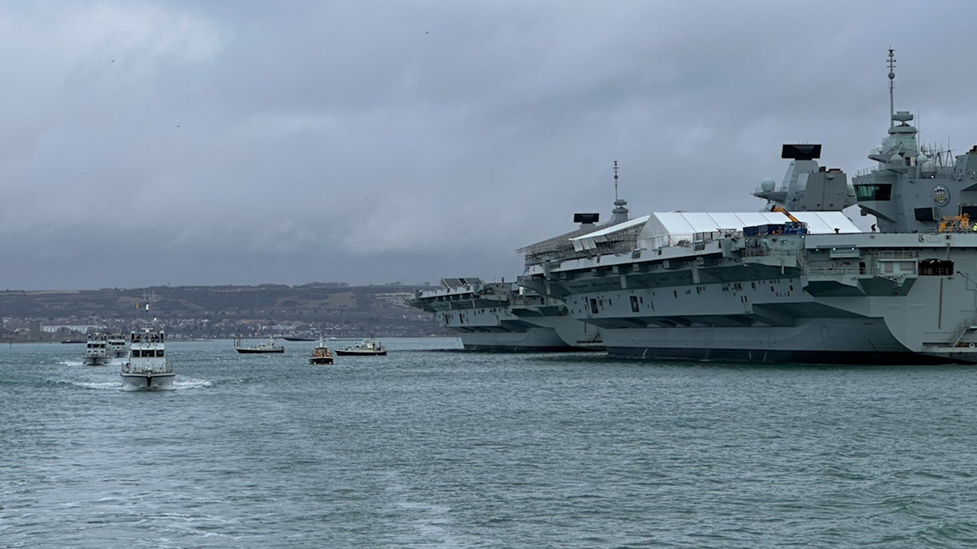 Royal Navy P2000 sail for Exercise Steadfast Defender past HMS Queen Elizabeth 050224 CREDIT BFBS
