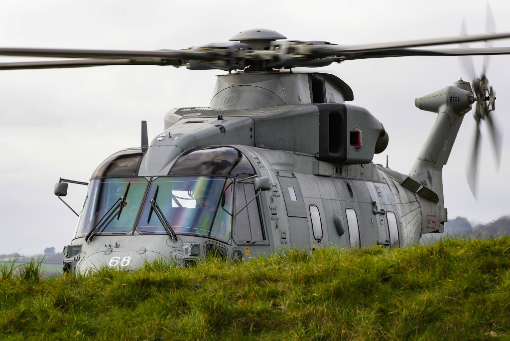 Royal Navy Merlin helicopter at HMS Kent disaster relief exercise
