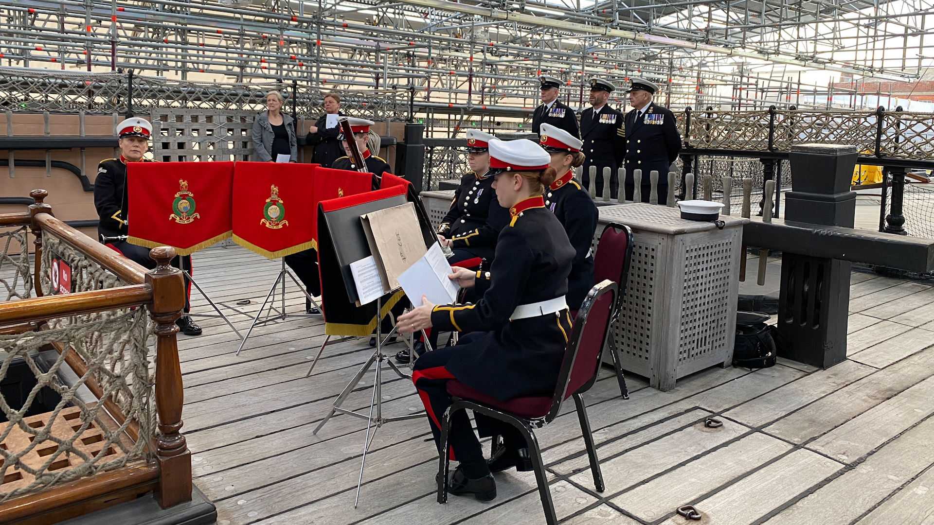 Royal Navy musicians play to mark Trafalgar Day on HMS Victory in Portsmouth.