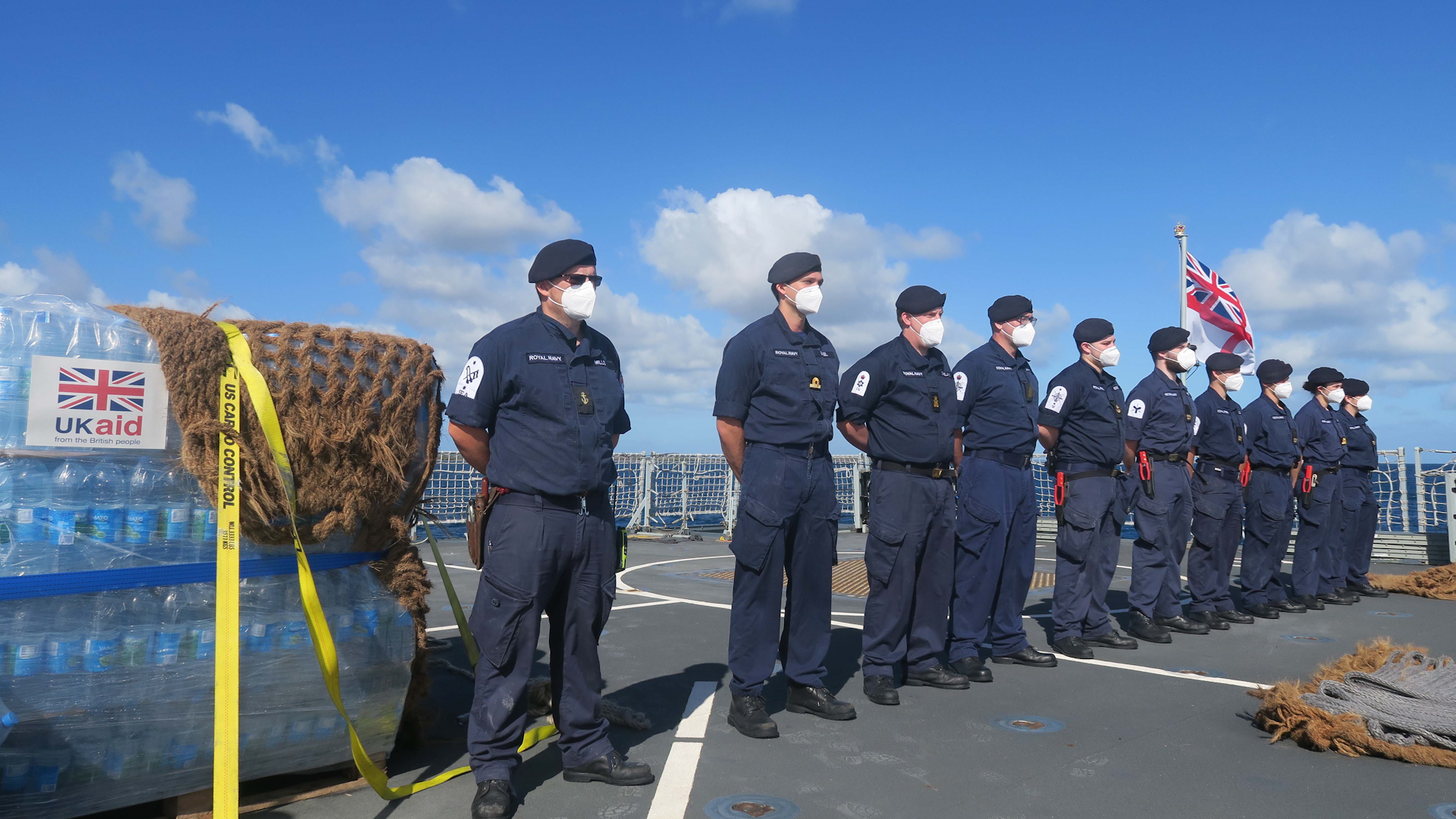 Royal Navy sailors on board HMS Spey prepare to deliver aid to Tong after tsunami 260122 CREDIT MOD