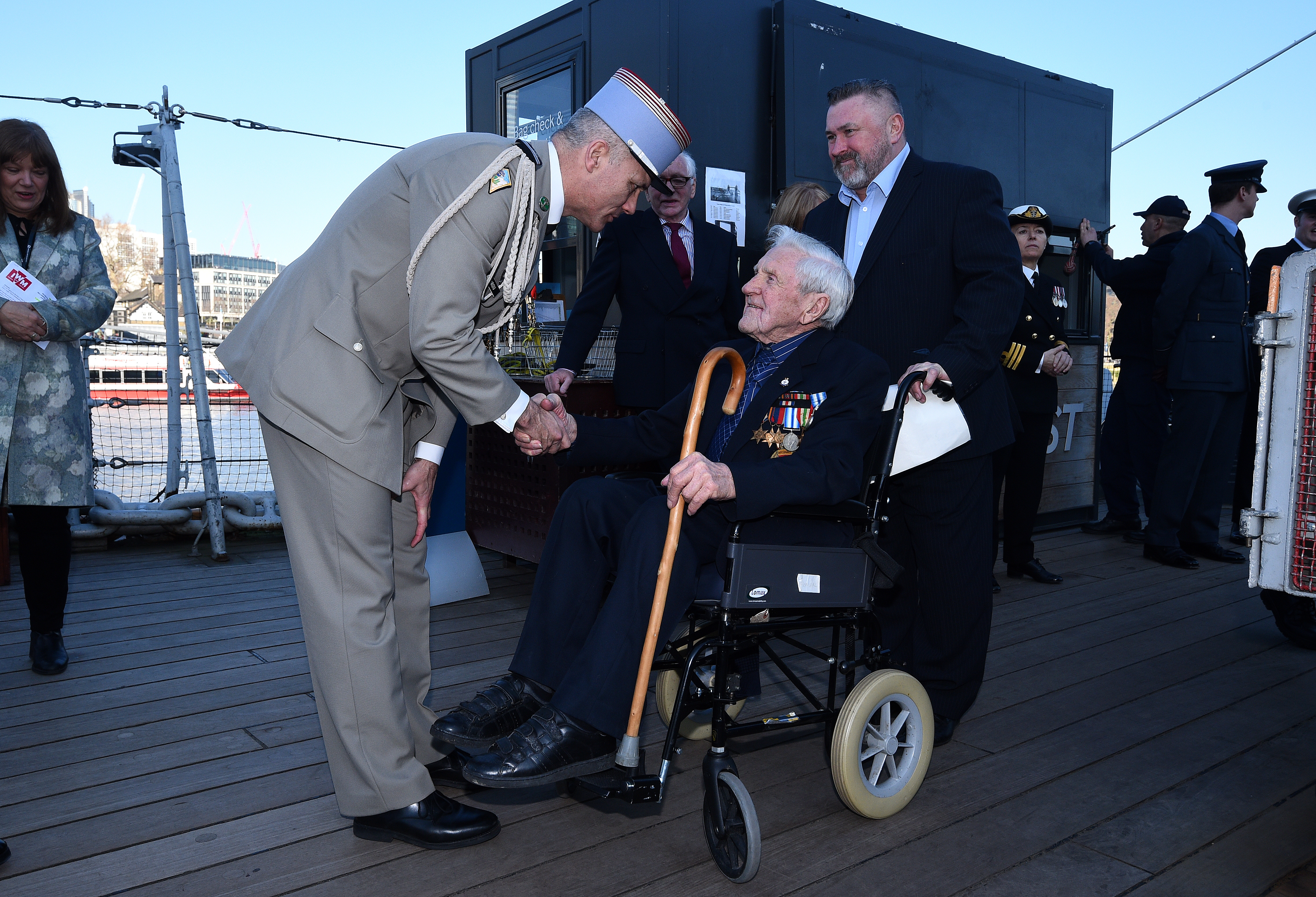 Royal Navy veteran John George Nicholls is welcomed onboard HMS Belfast for Legion d'Honneur ceremony Royal Navy veteran John George Nicholls is welcomed onboard HMS Belfast for Legion d'Honneur ceremony 260219 CREDIT PA