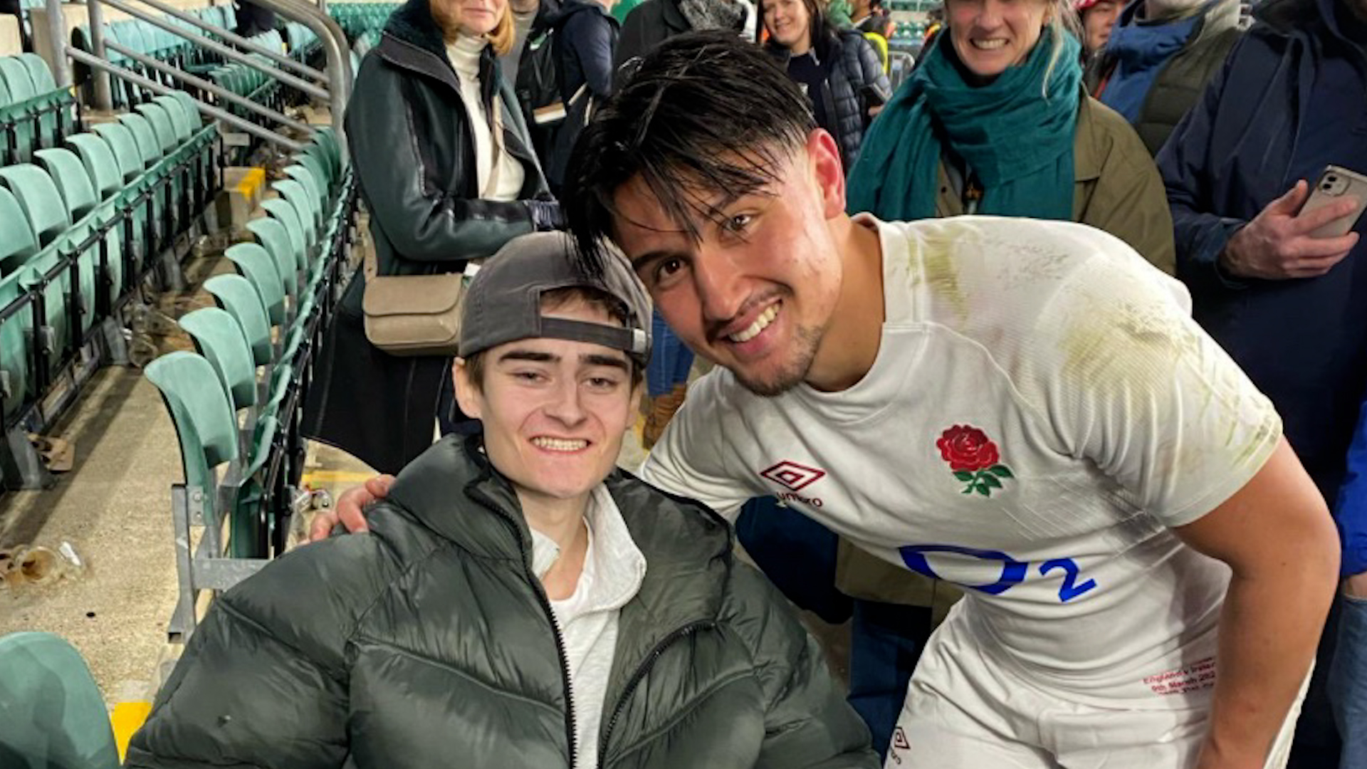 Royal Navy veteran Tobias Avery Brann meeting Marcus Smith after England beat Ireland in the Six Nations 110324 CREDIT @ChrisRyanMM X