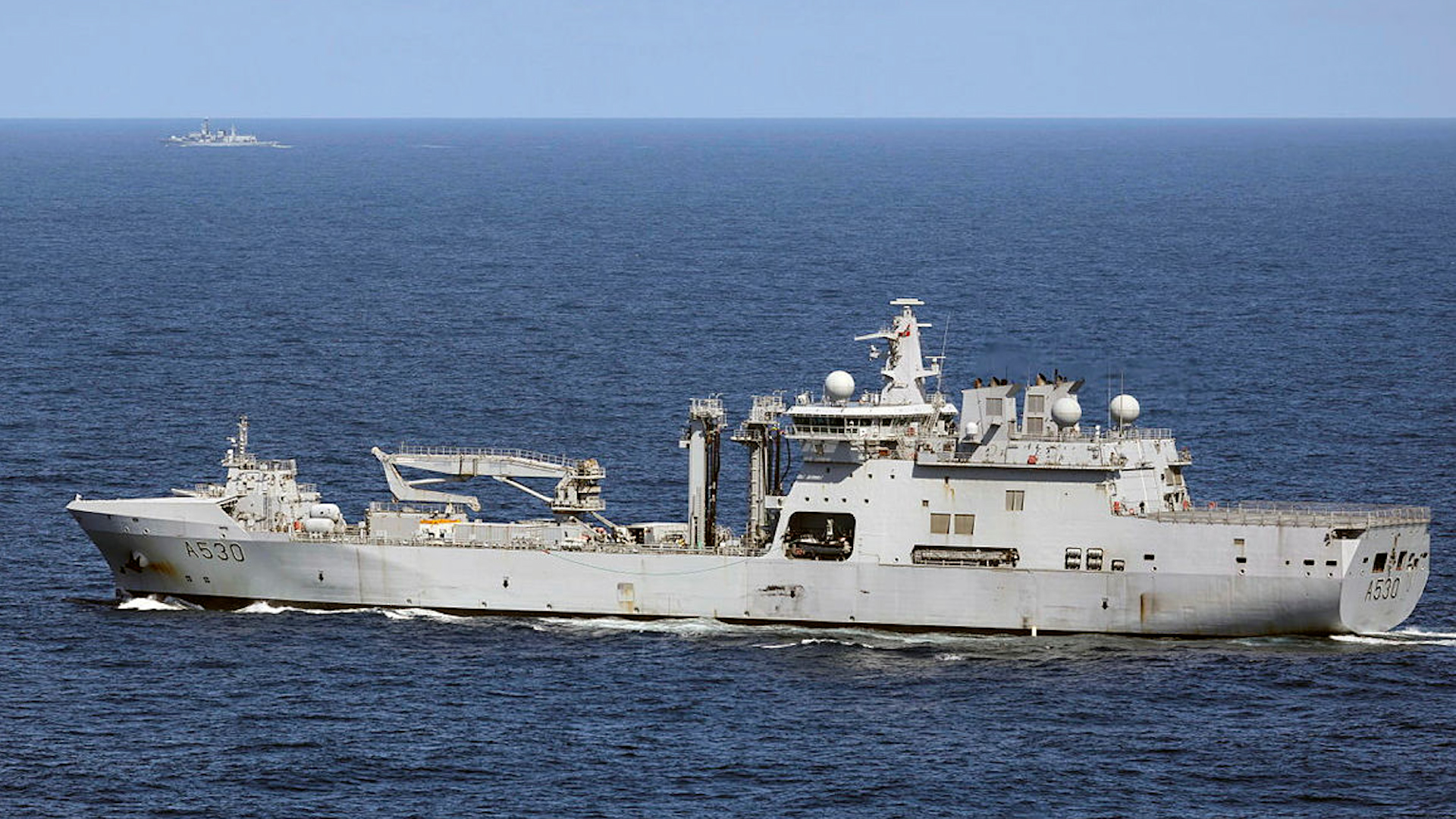 Royal Norwegian Navy Replenishment tanker HNoMS Maud with HMS Richmond in the background on the CSG25 deployment 290425 CREDIT MOD