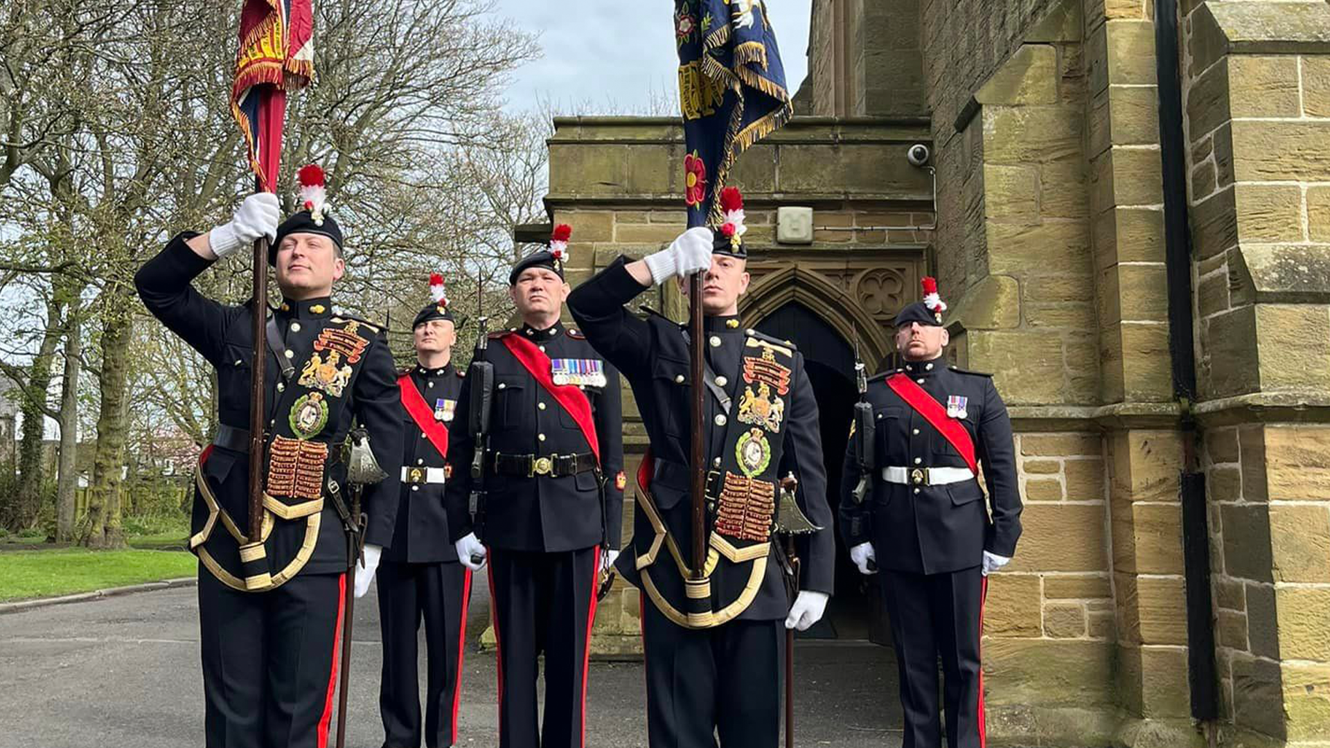 Royal Regiment of Fusiliers march through Ashington for St George’s Day Parade CREDIT 5 FUSILIERS 200424