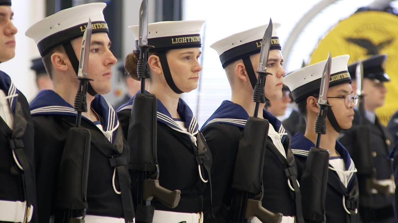 Royal Navy personnel on parade to mark the return of 809 Squadron at RAF Marham.