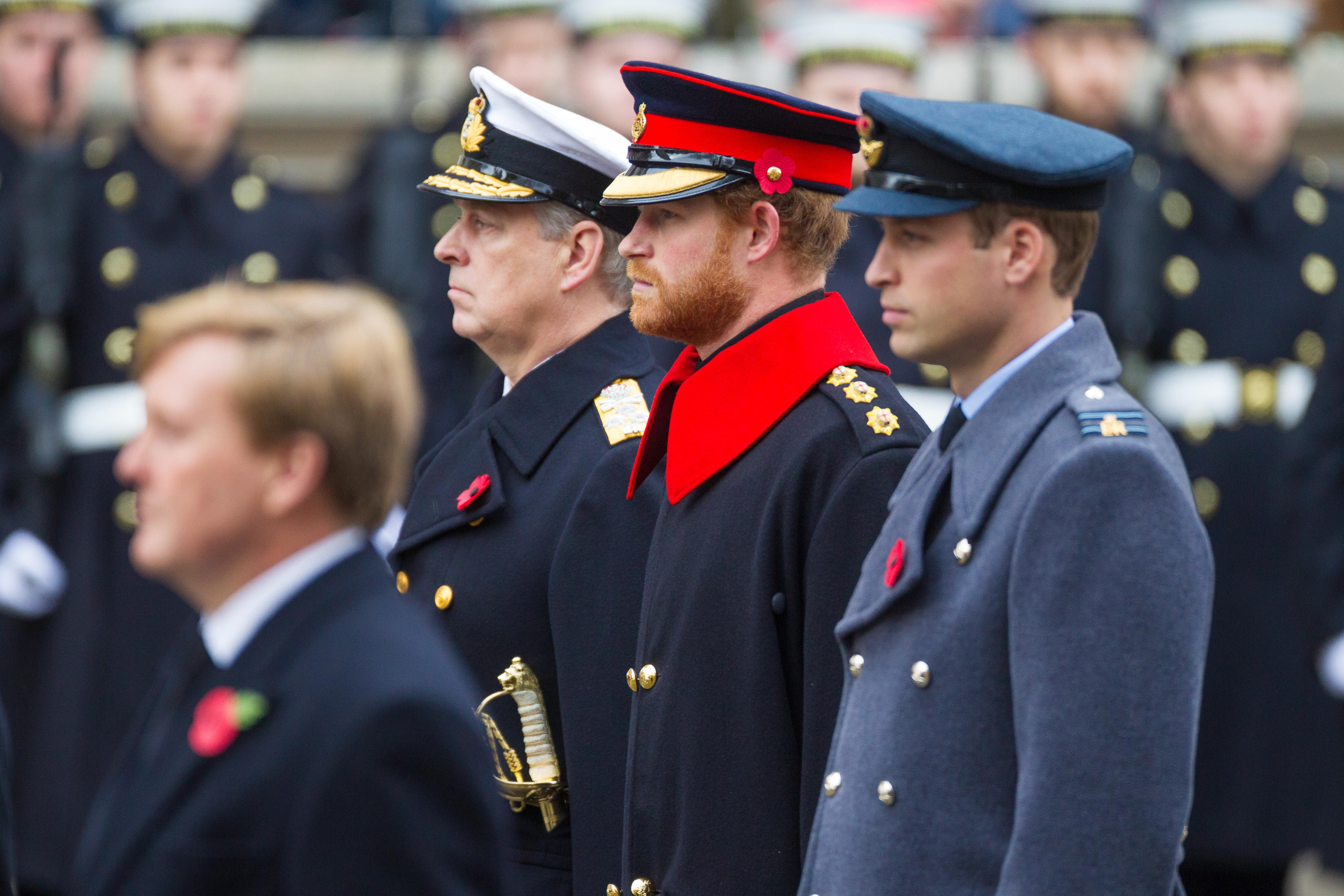 Royals in uniform Prince Andrew, Prince Harry and Prince William at Cenotaph