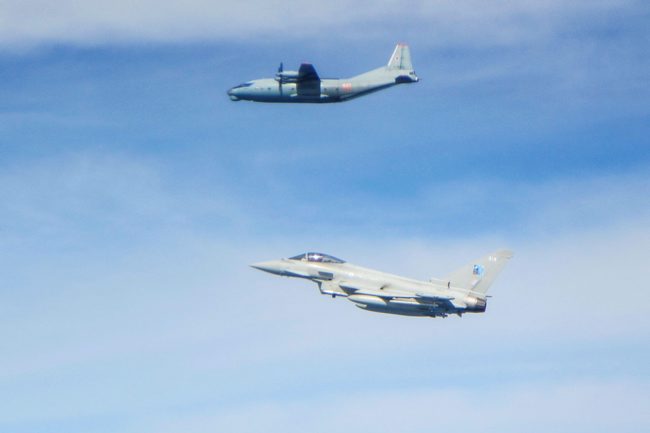 Russian Antonov AN-12 aircraft (top) with an RAF Typhoon