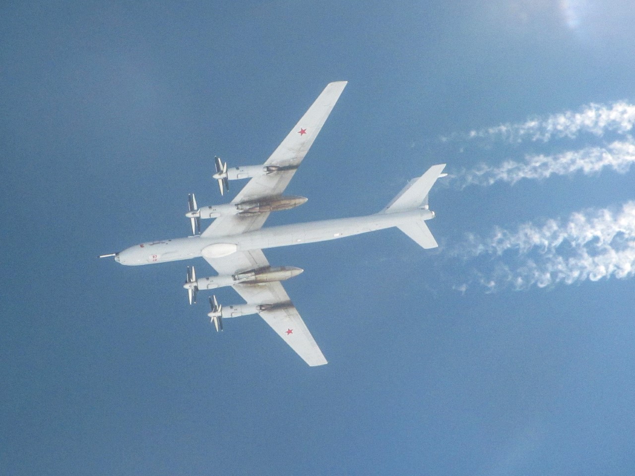 Russian TU-142 ‘Bear-F’ Maritime Reconnaissance and anti-submarine warfare aircraft which was tracked through UK controlled airspace by Quick Reaction Alert Typhoon jets