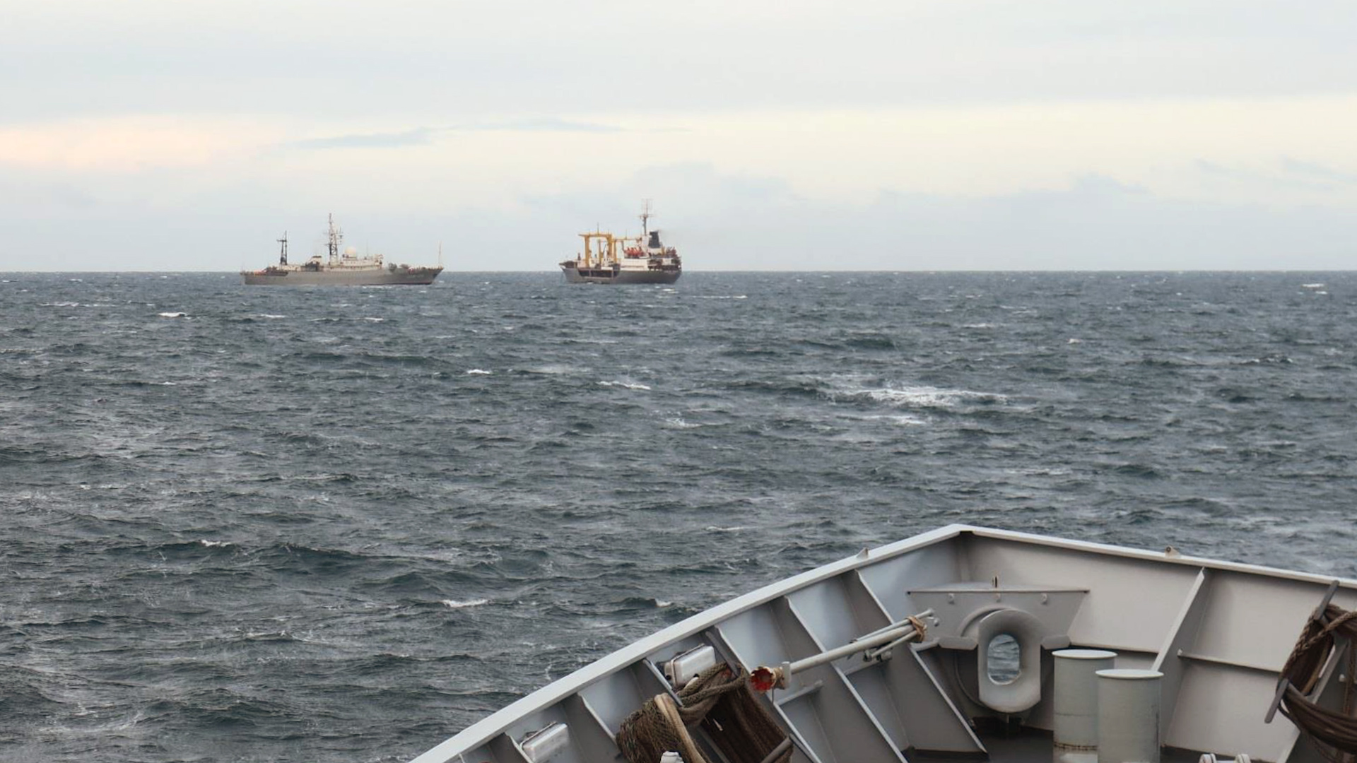 Russian intelligence-gathering vessel Viktor Leonov and support tanker Sergey Osipov seen from HMS Tyne Scotland NOV 2020 CREDIT ROYAL NAVY