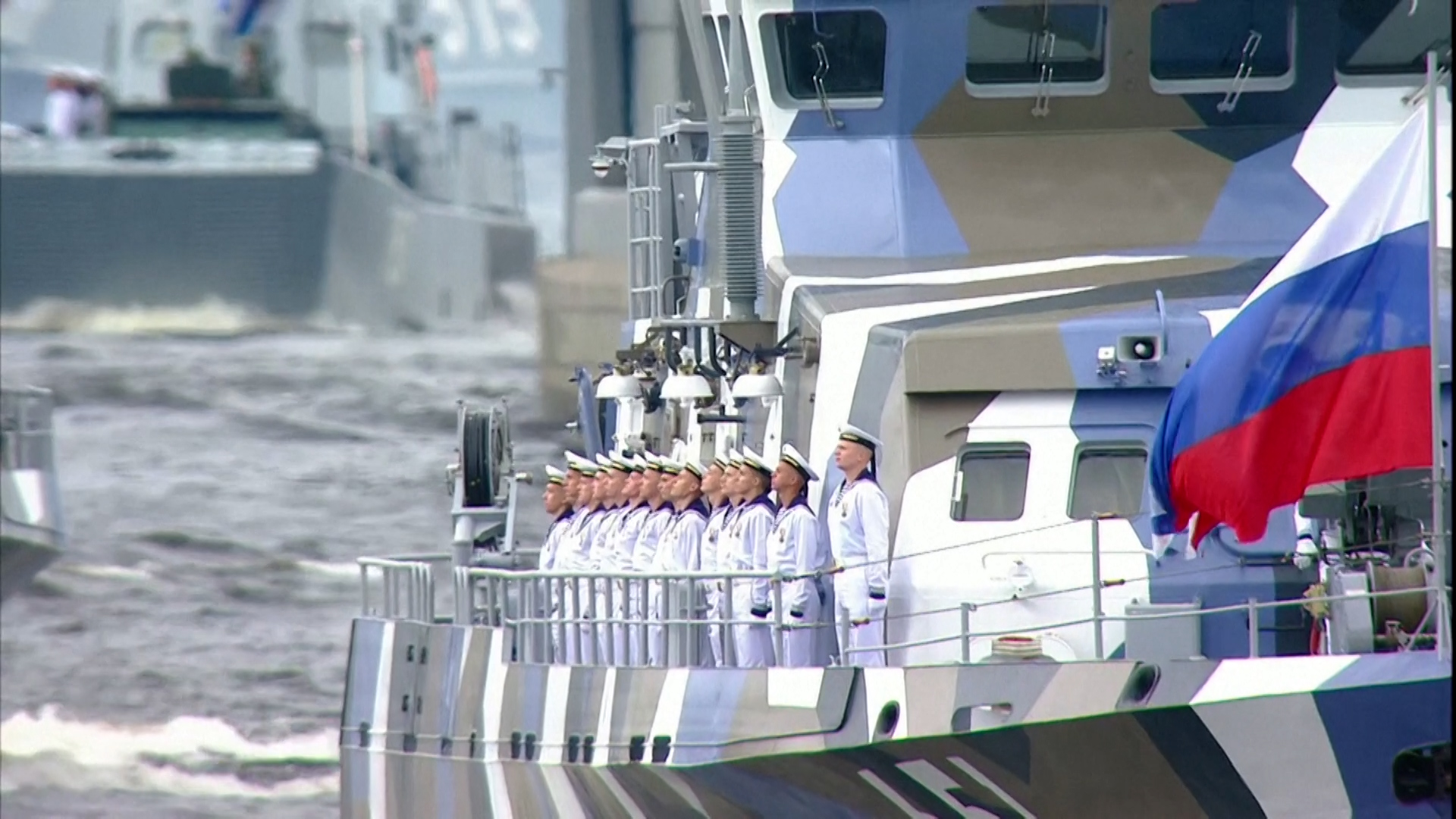 Russian naval ships and personnel taking part in Navy Day parade in St Petersburg