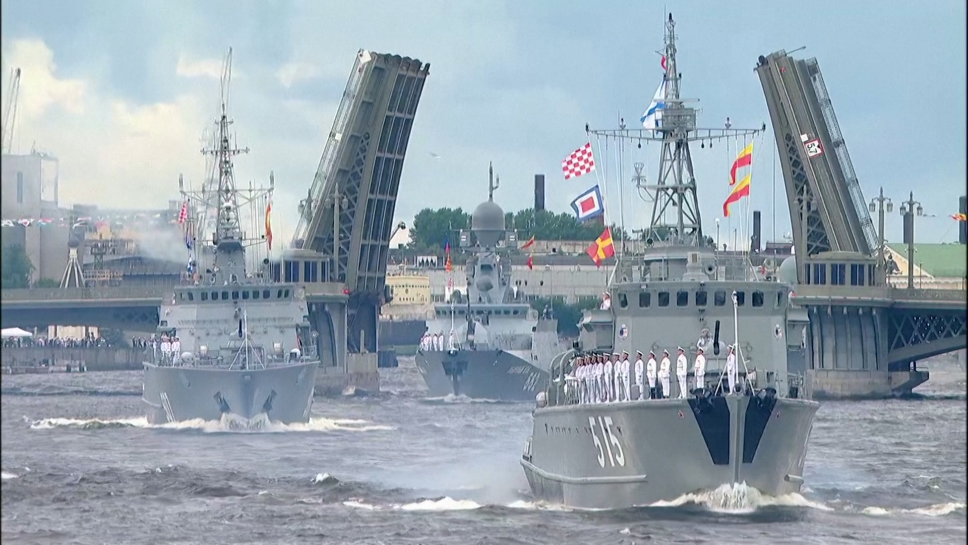 Russian naval ships taking part in Navy Day parade in St Petersburg