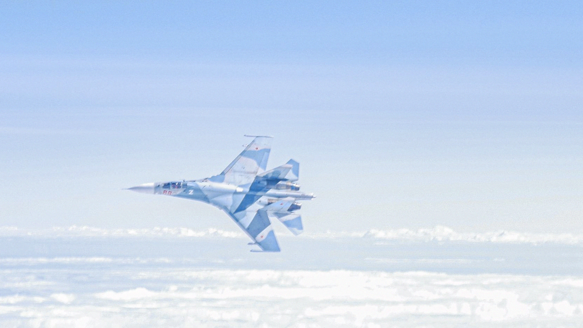 A Russian SU-27, bearing the letter 'Z', which was intercepted by the RAF and German Air Force Typhoon jets (Picture: RAF).