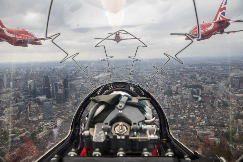 a Red Arrows flypast over London, taken from Red 10’s aircraft, piloted by Sqn Ldr Adam Collins with Cpl Ashley Keates, team photographer in the rear.