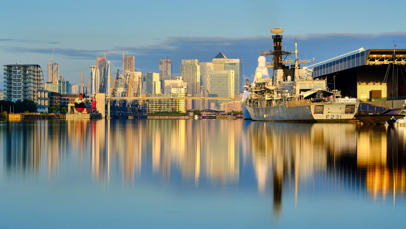 HMS Argyll makes a stunning additional landmark against the backdrop of the city skyline as she docks at the Excel Centre in London