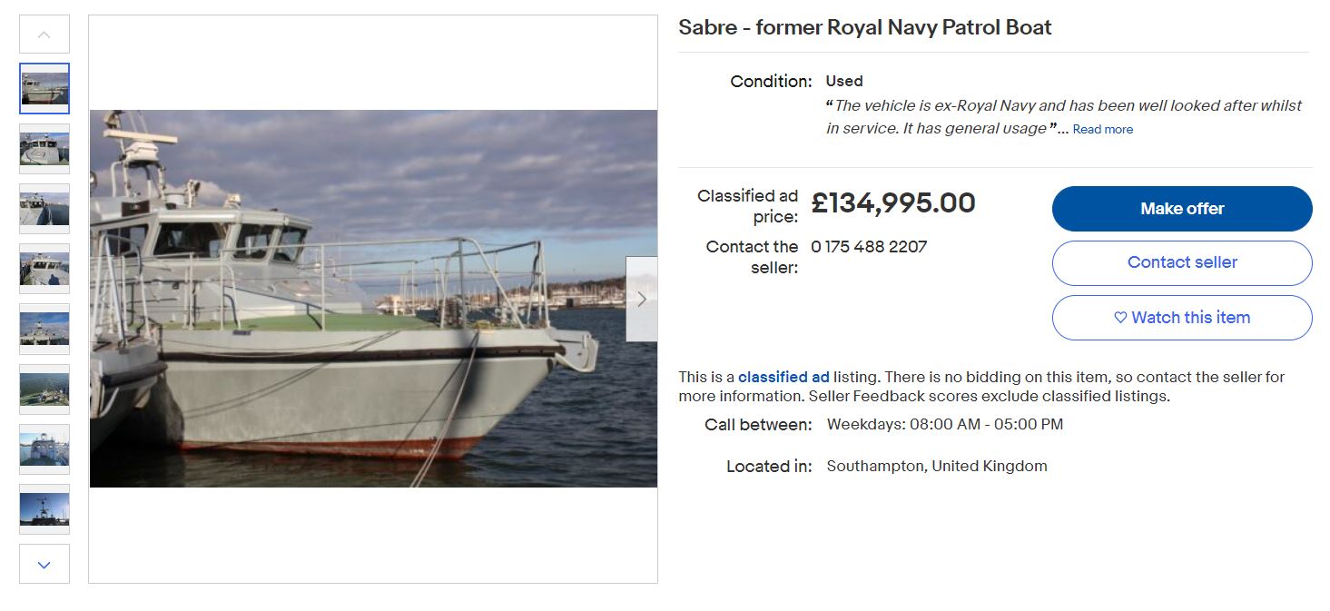 The ebay add says the former Navy patrol vessel is suitable as a pilot or crew transfer boat (Picture: eBay)