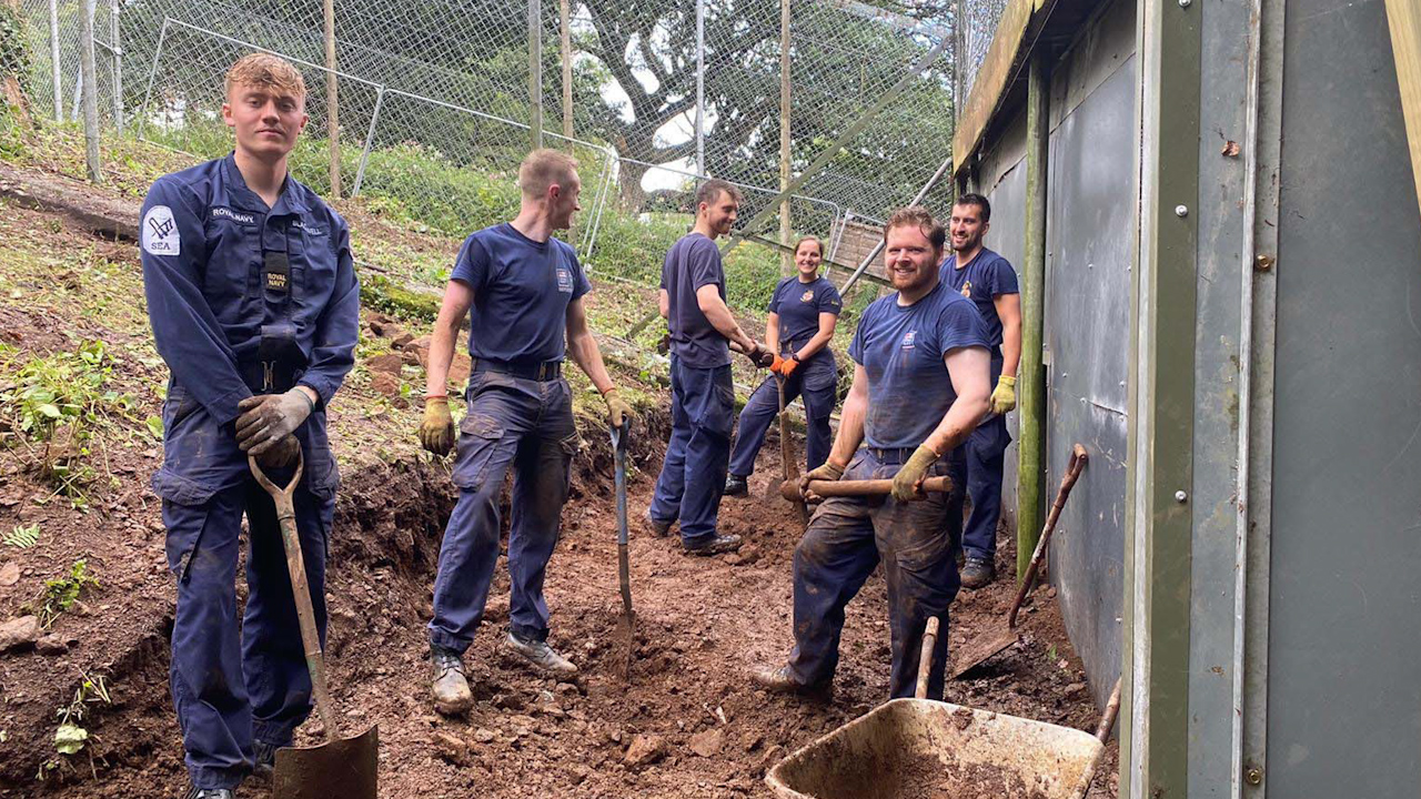 HMS St Albans sailors build an enclosure for an endangered leopard at Dartmoor Zoo (Picture: Royal Navy).