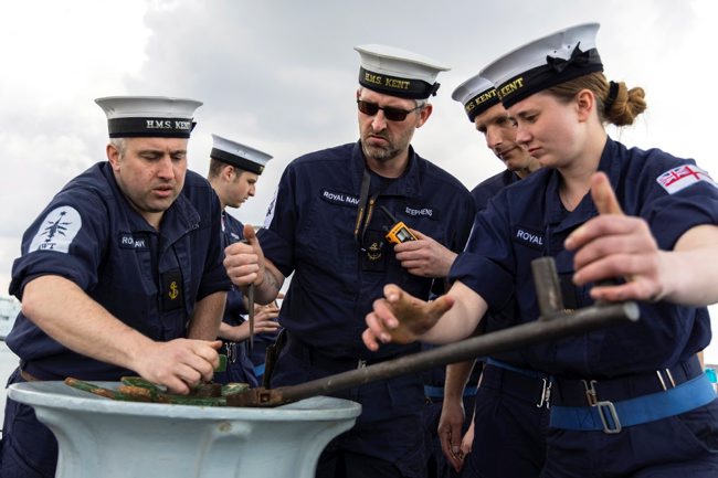 Sailors including one female prepare the Forecastle as HMS Kent sails as part of the Carrier Strike Group (CSG-21) deployment from HMNB Portsmouth. 10521 CREDIT MOD.j