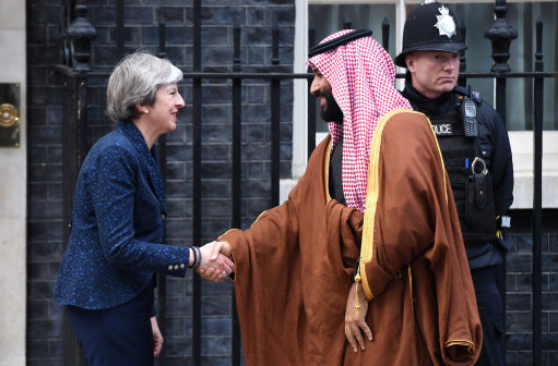 Saudi Arabia's crown prince Mohammad bin Salman is greeted by Prime Minister Theresa May at 10 Downing Street in March 2018 Picture PA.jpg	