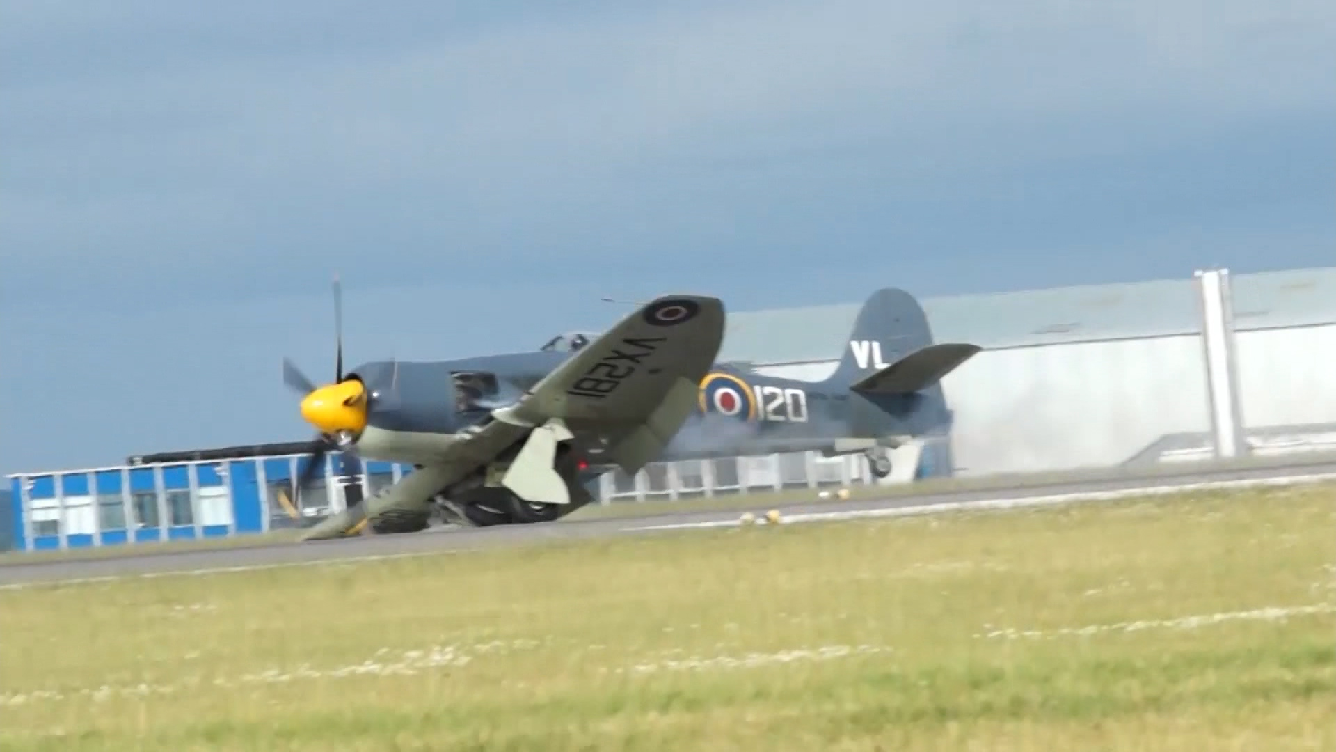 The Sea Fury T.20 aircraft making a crash landing at RNAS Culdrose in 2014.