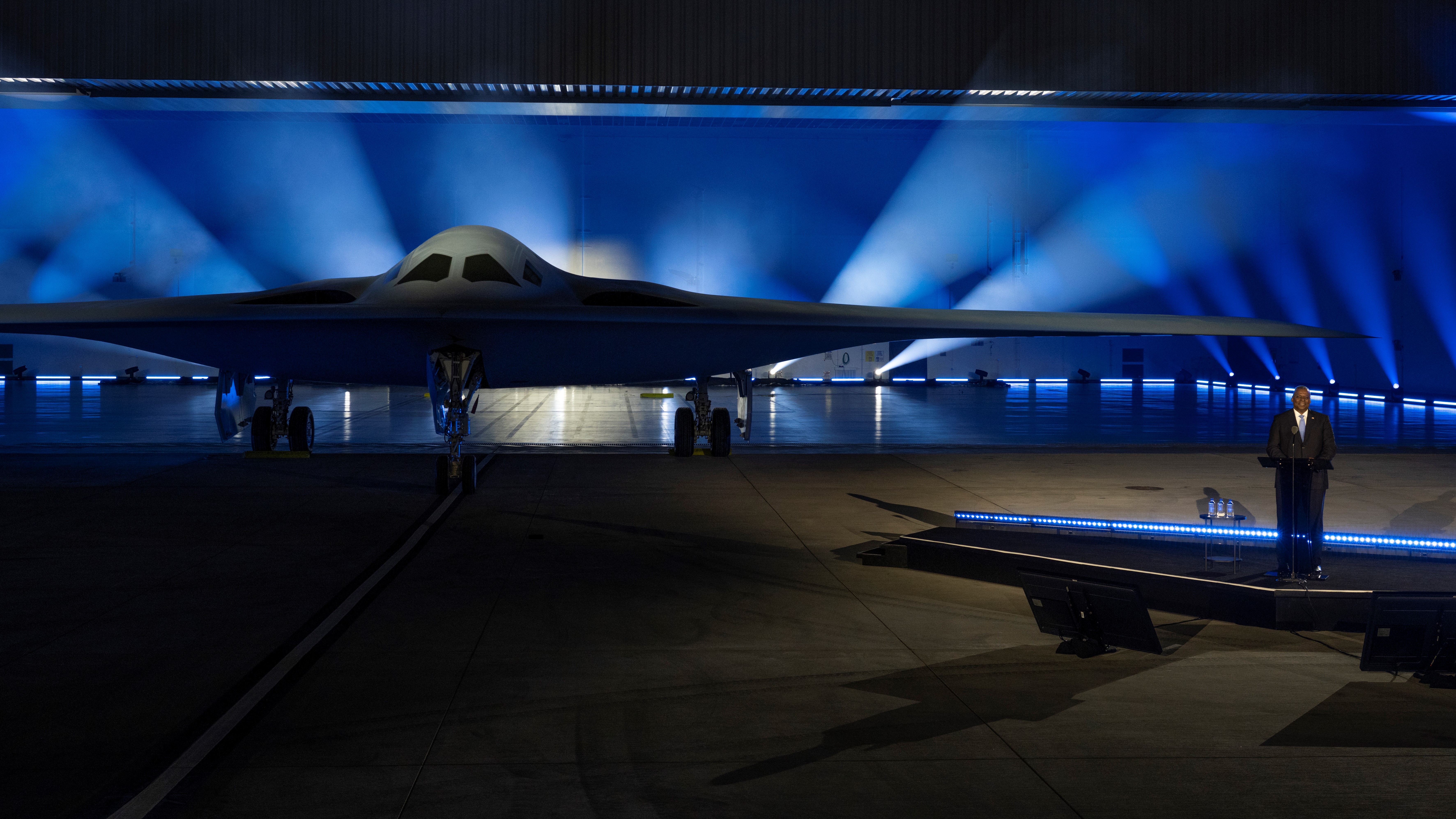 Secretary of Defense Lloyd J. Austin III delivers remarks at the US Air Force B-21 Raider unveiling ceremony 02122022 CREDIT US Dept of Def
