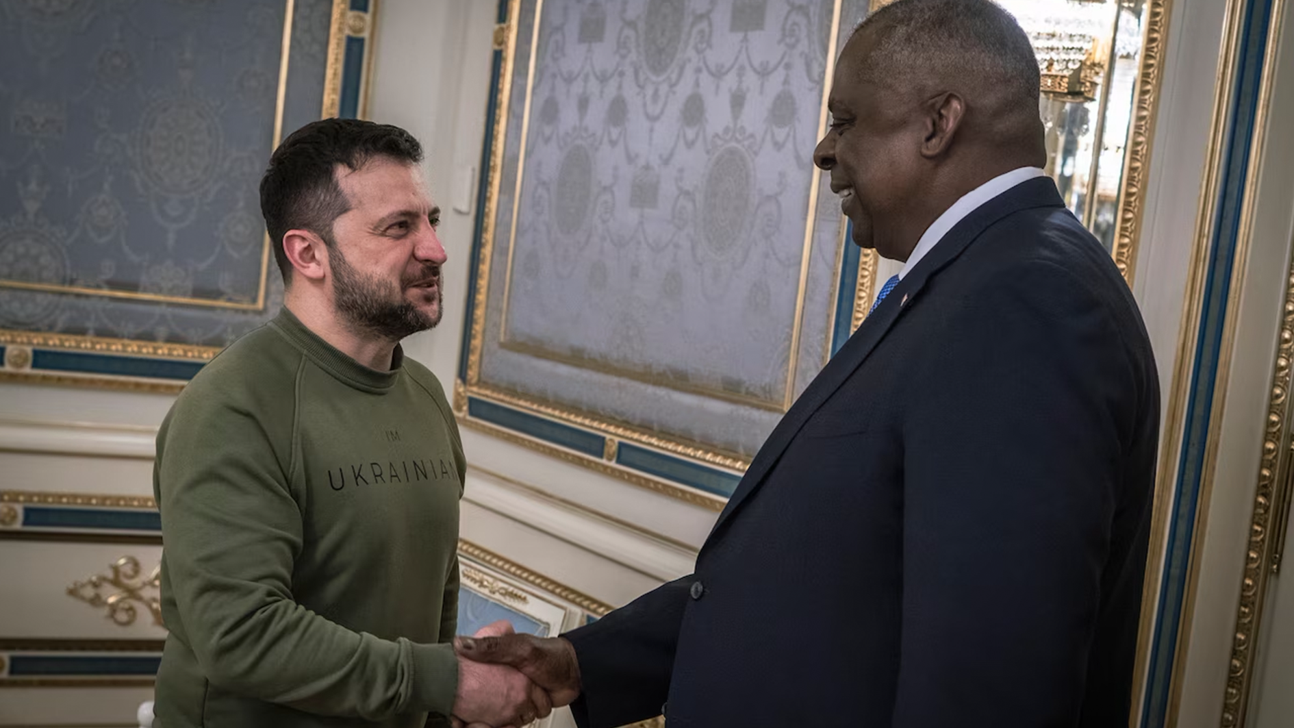 Secretary of Defense Lloyd J. Austin III is greeted by Ukrainian President Volodymyr Zelenskyy during his visit to Kyiv, Nov. 20, 2023. CREDIT US DEPT OF DEFENSE