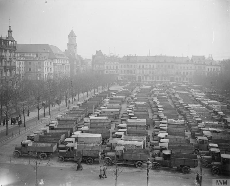 A collection of German vehicles handed over to the Allied nations, in Cologne, in 1919.