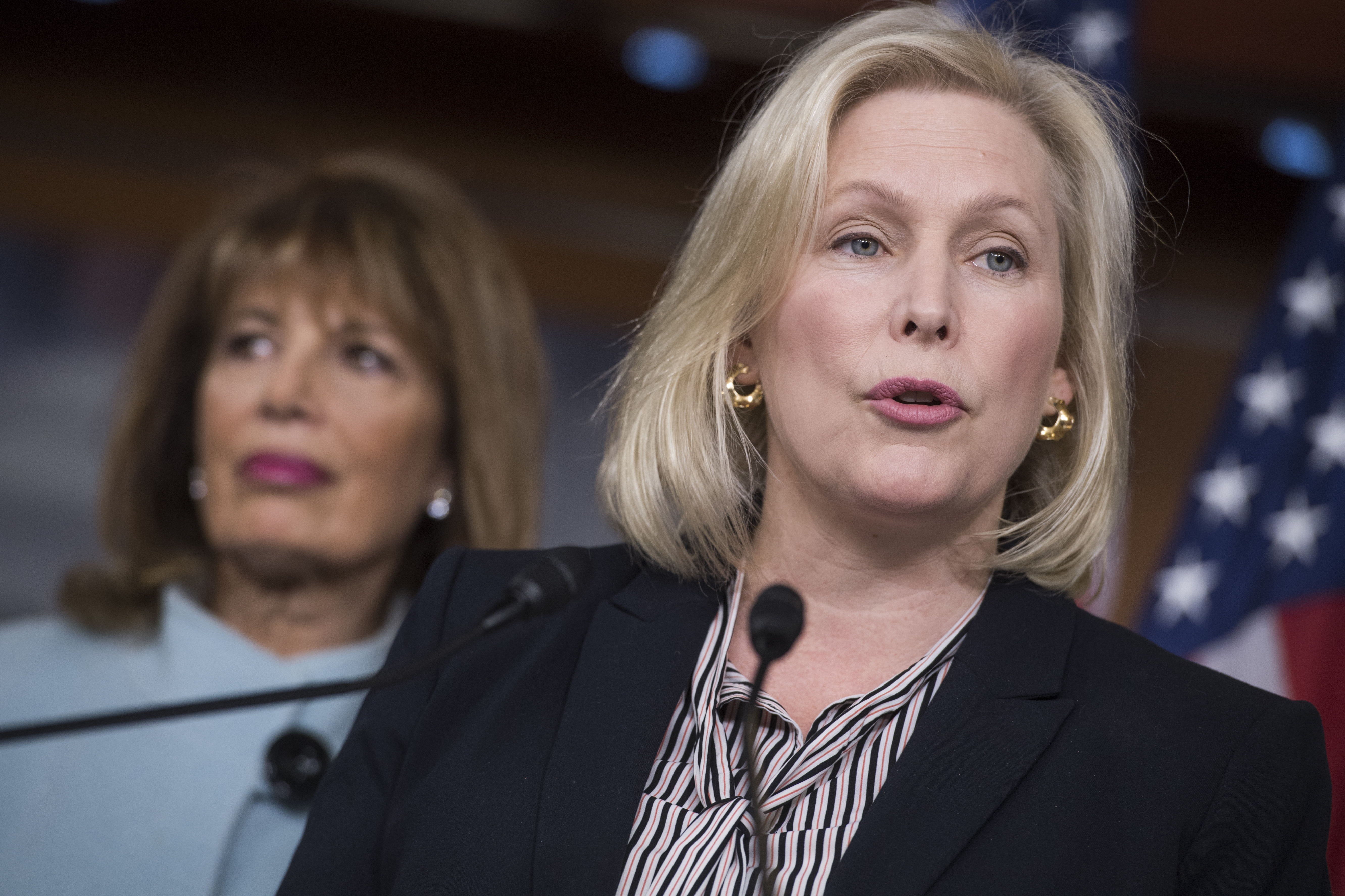 Sen. Kirsten Gillibrand, right, and Rep. Jackie Speier, left, introduce legislation that aims to address and prevent sexual harassment in the military 151117 CREDIT PA