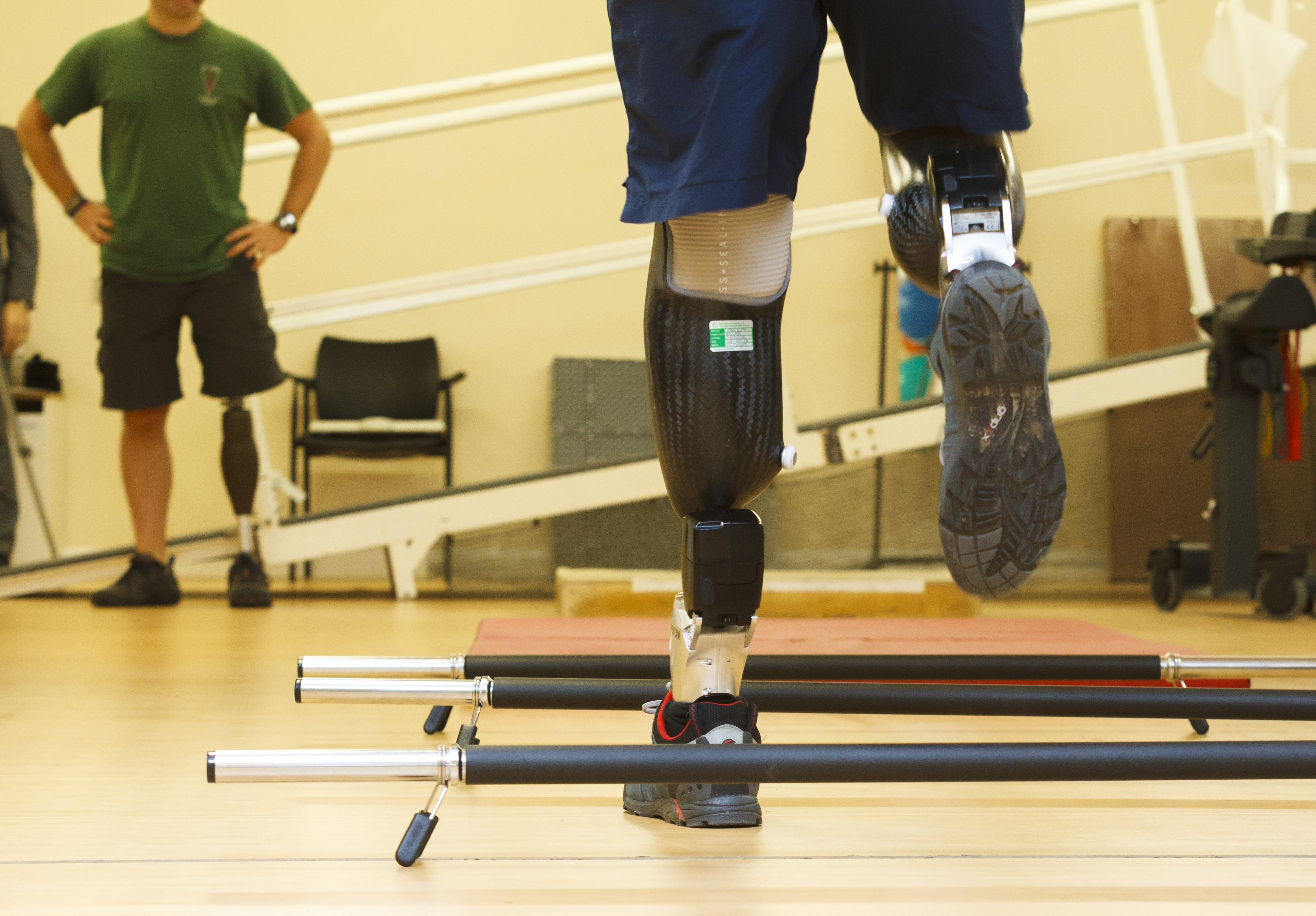 Serving military personnel in the gym using their prosthetic legs at the Defence Medical Rehabilitation Centre, Headley Court near Leatherhead in Surrey