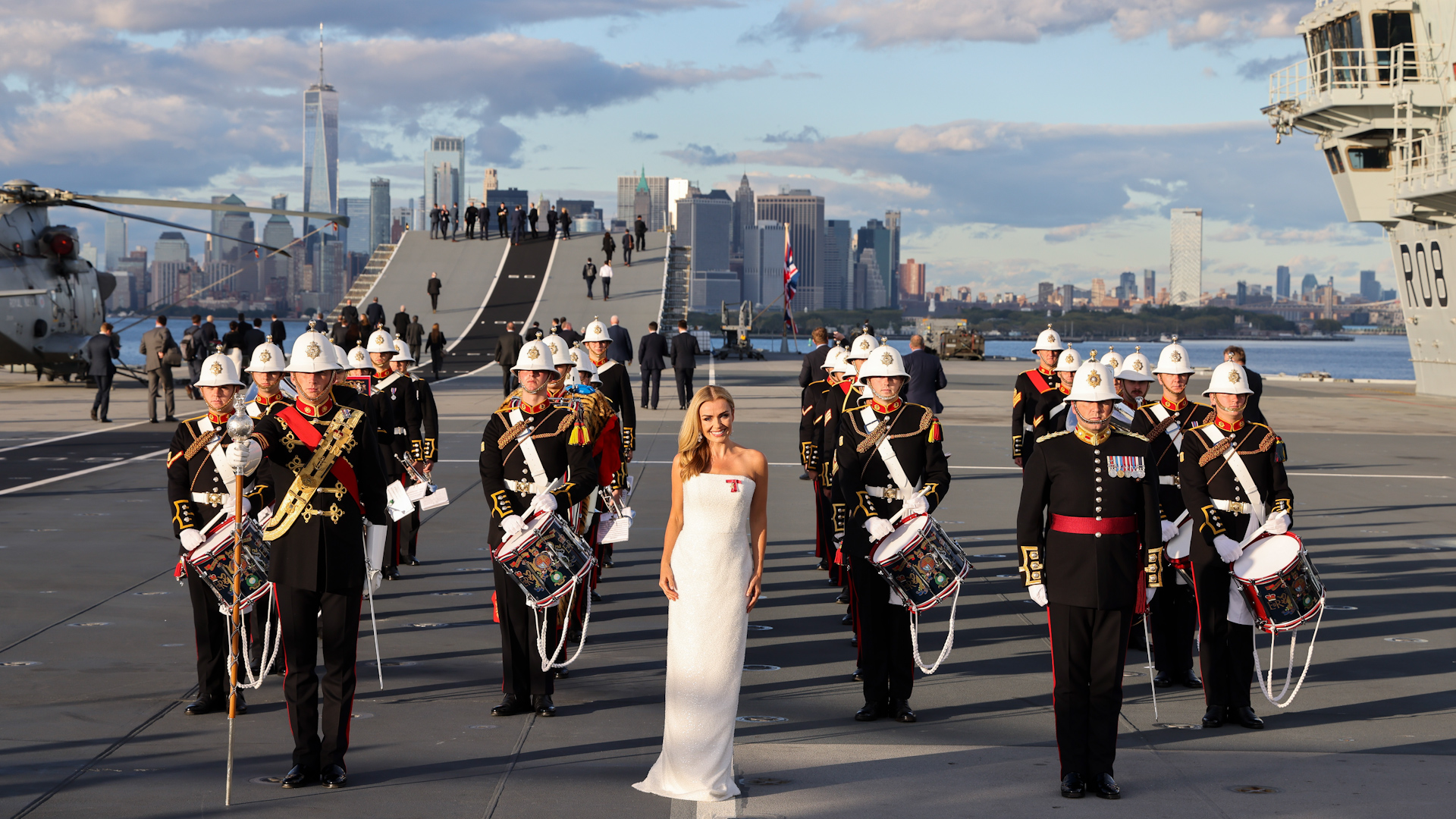 Singer Katherine Jenkins with the Royal Marines band on HMS Queen Elizabeth in New York (Picture: Royal Navy).
