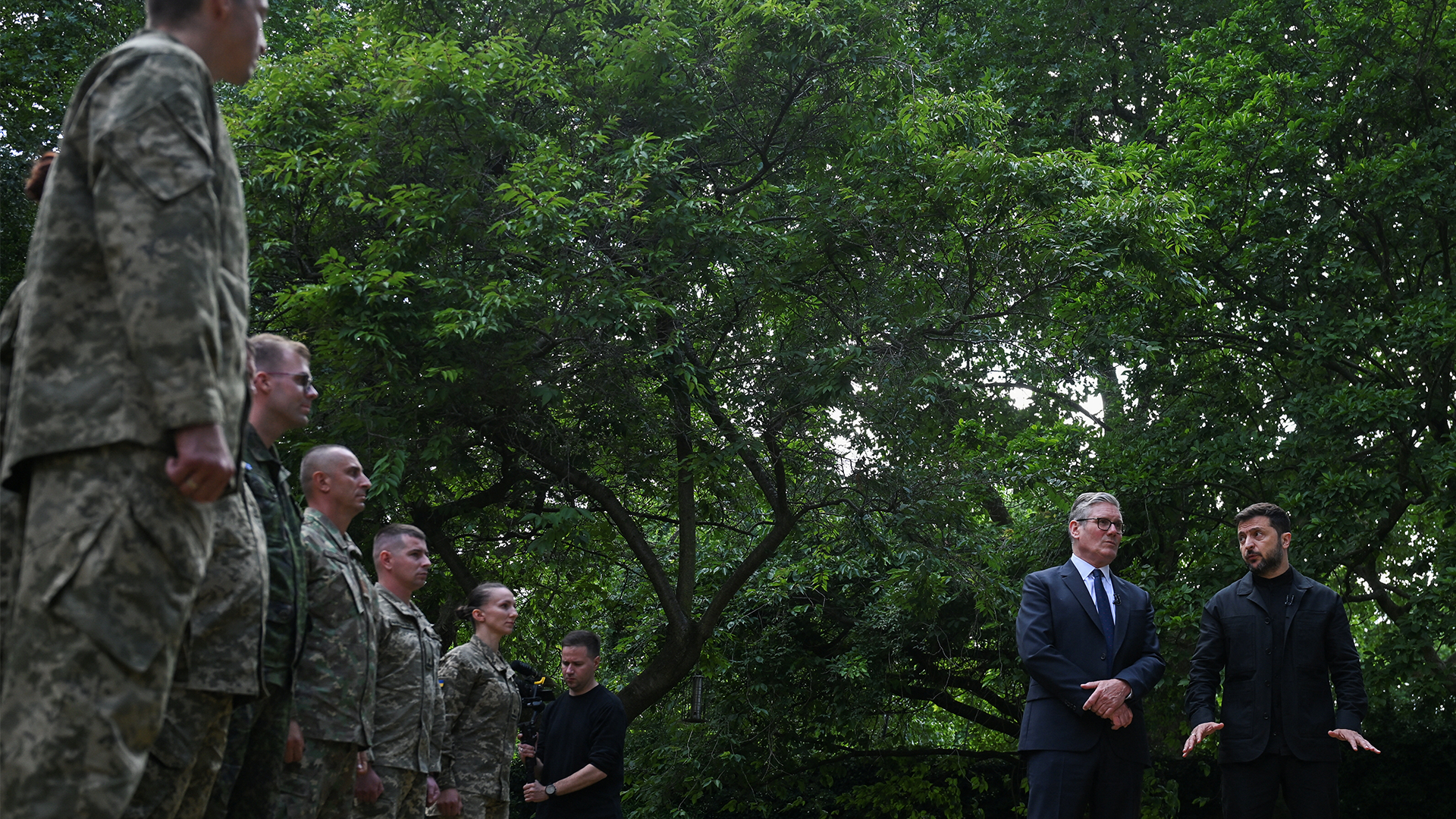 Sir Keir Starmer with Ukrainian President Volodymyr Zelensky meet troops involved in Operation Interflex at 10 Downing Street CREDIT PA