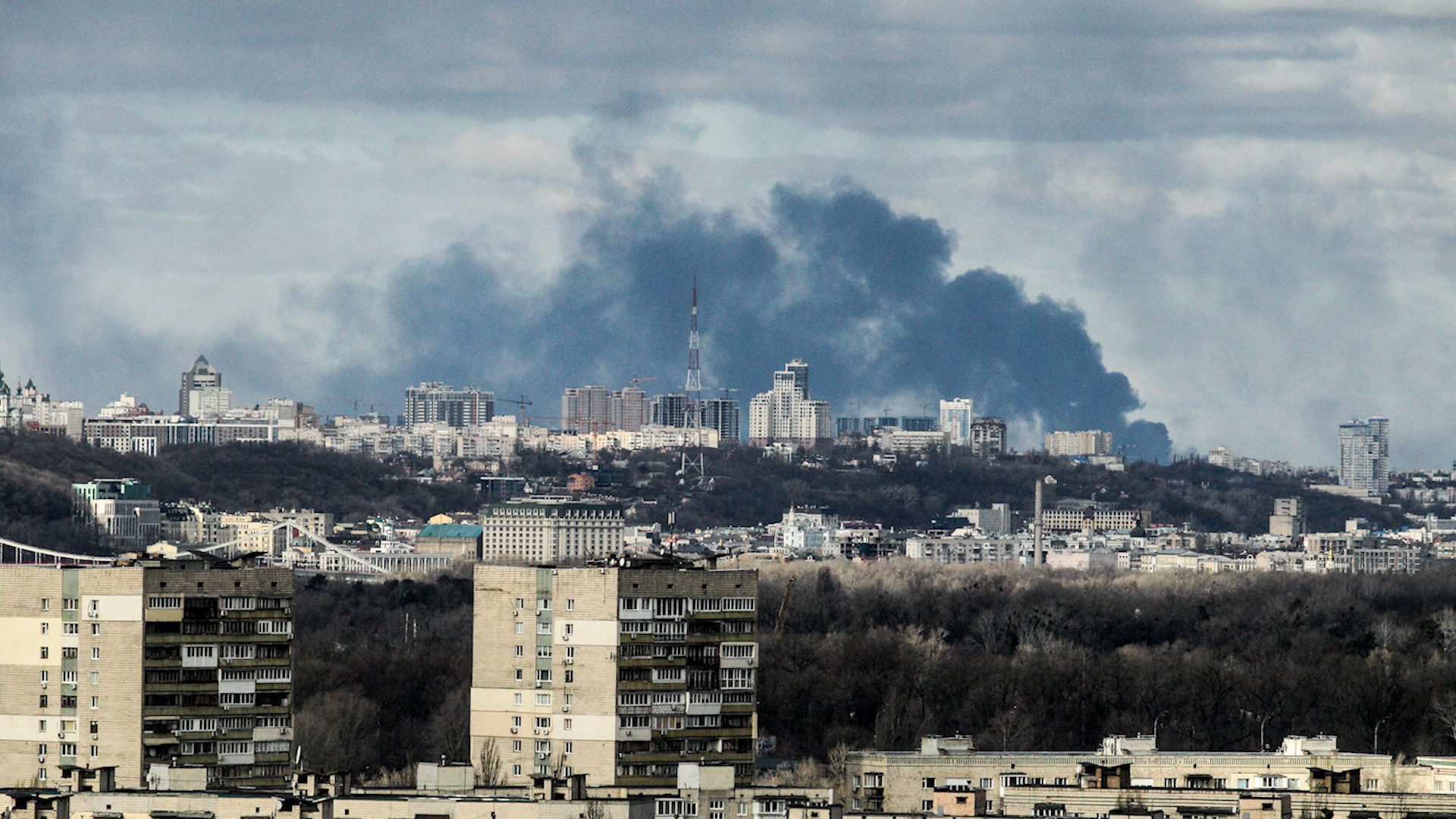 Smoke rises over the part of Ukraine's capital situated on the right bank of the Dnipro River in the morning on Sunday Kyiv capital of Ukraine 