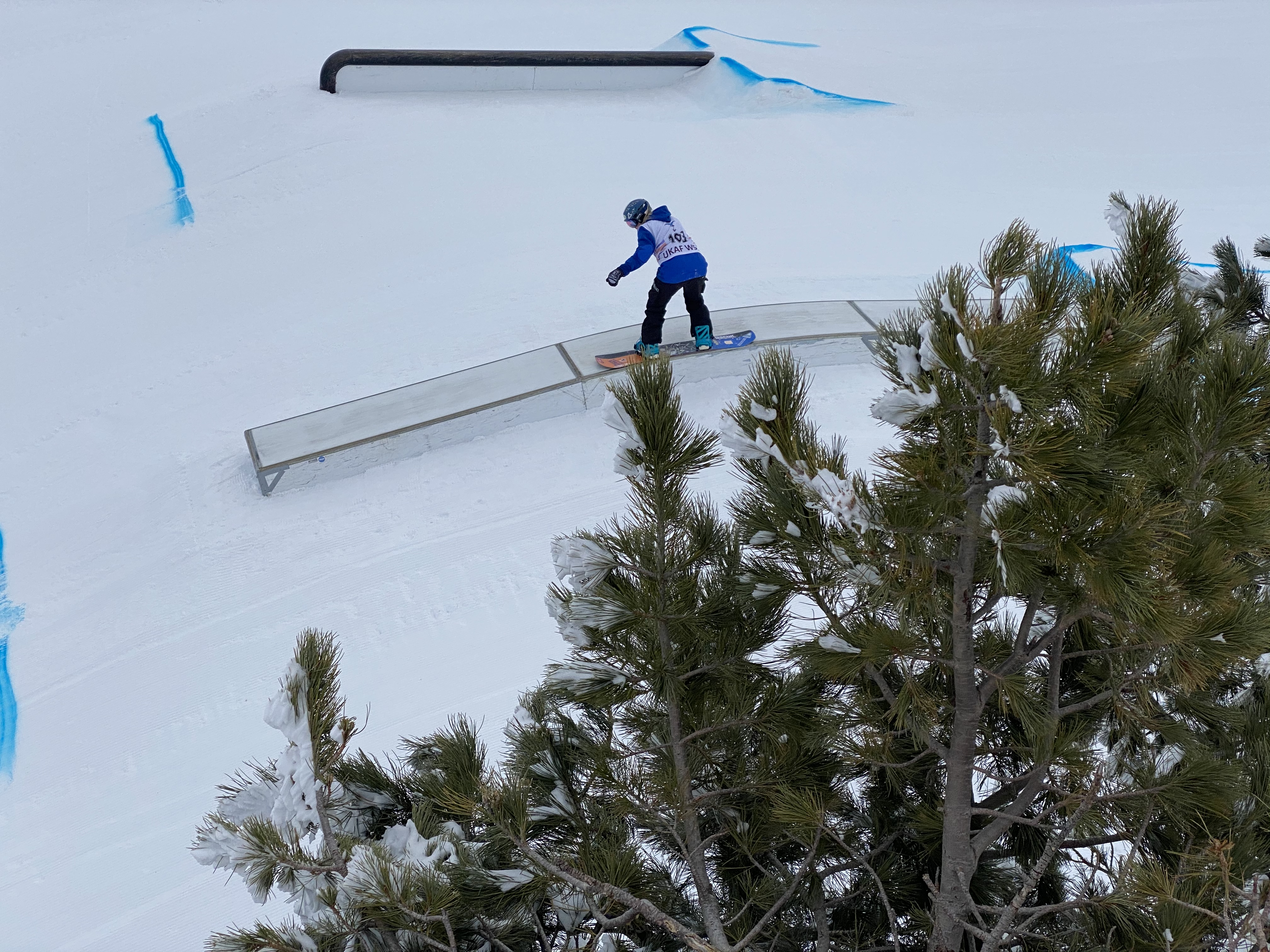 Snowboard Slopestyle is judged on skill rather than speed.