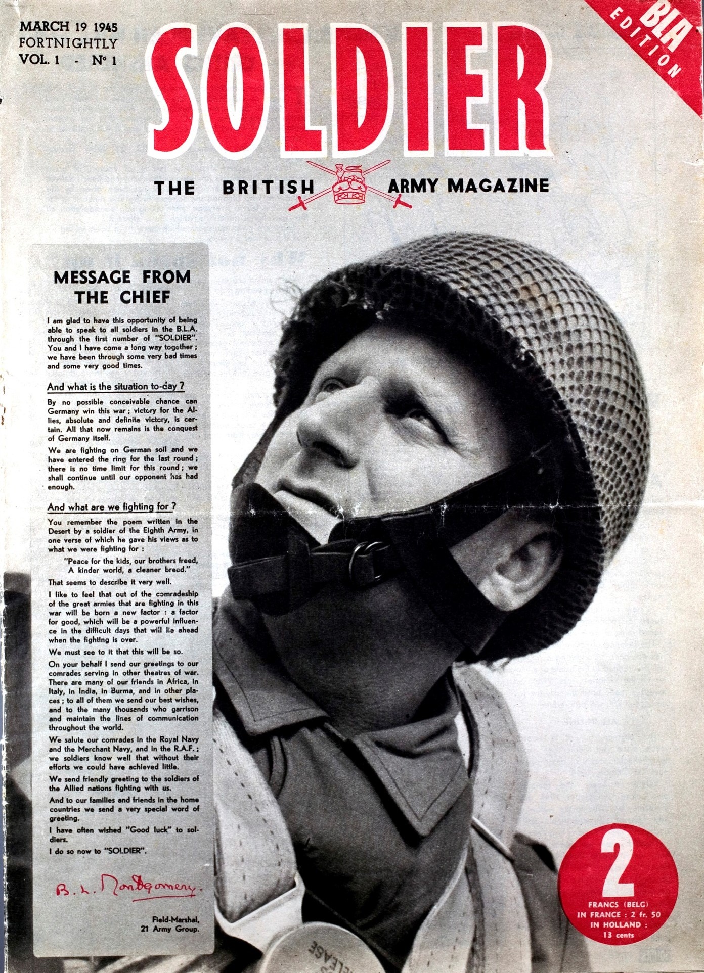 Soldier magazine cover from 1945, shows a black and white photo of a soldier wearing a helmet CREDIT Soldier Magazine