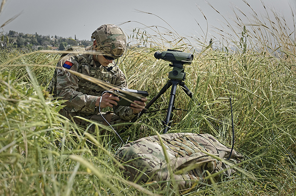 Soldier using Elbit Dismounted Joint Fires Integrator (DJFI)