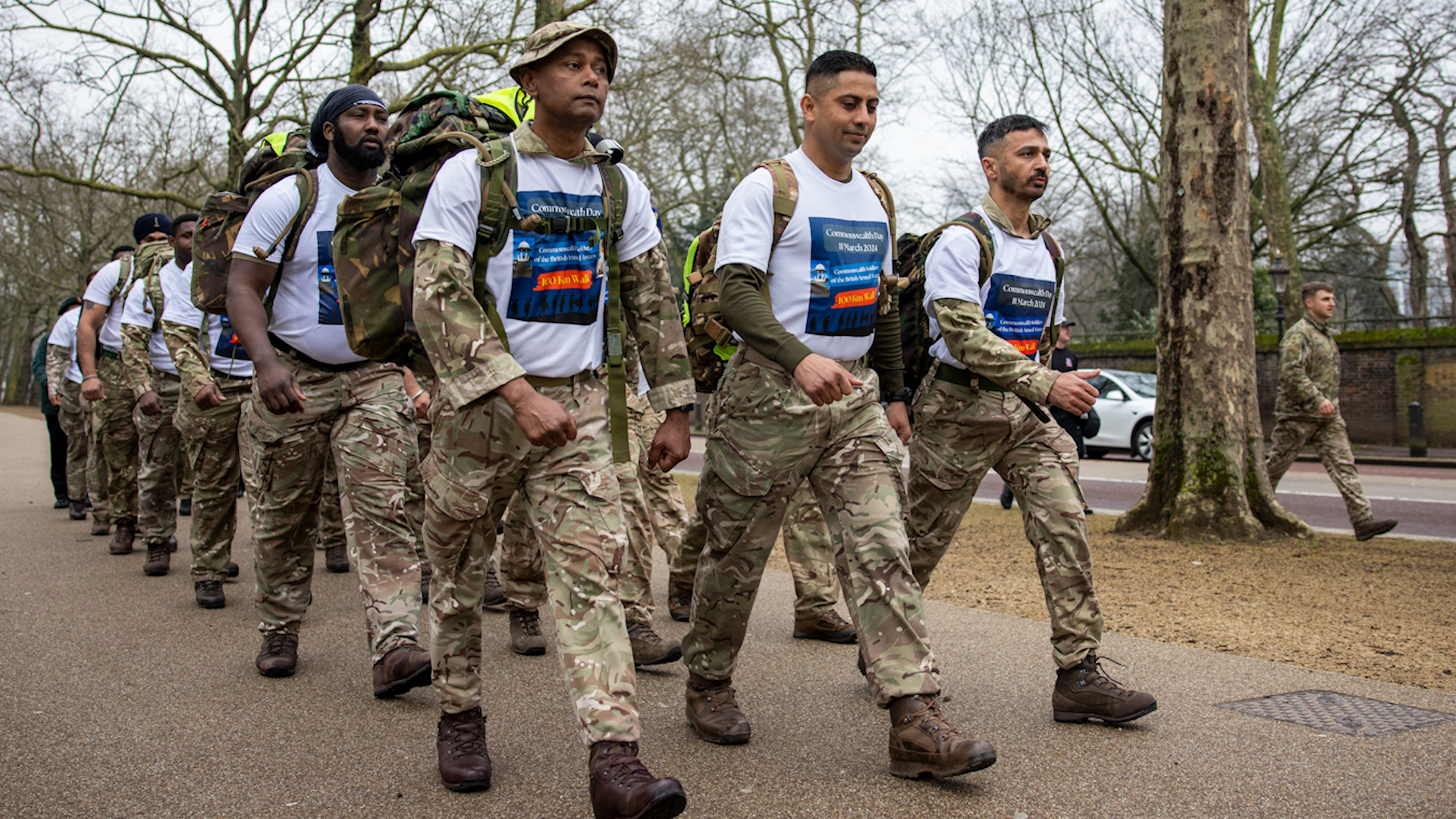 The bergans carried by each soldier on the 100km march symbolised the burdens Commonwealth soldiers carried during their service during the two World Wars (Picture: British Army)