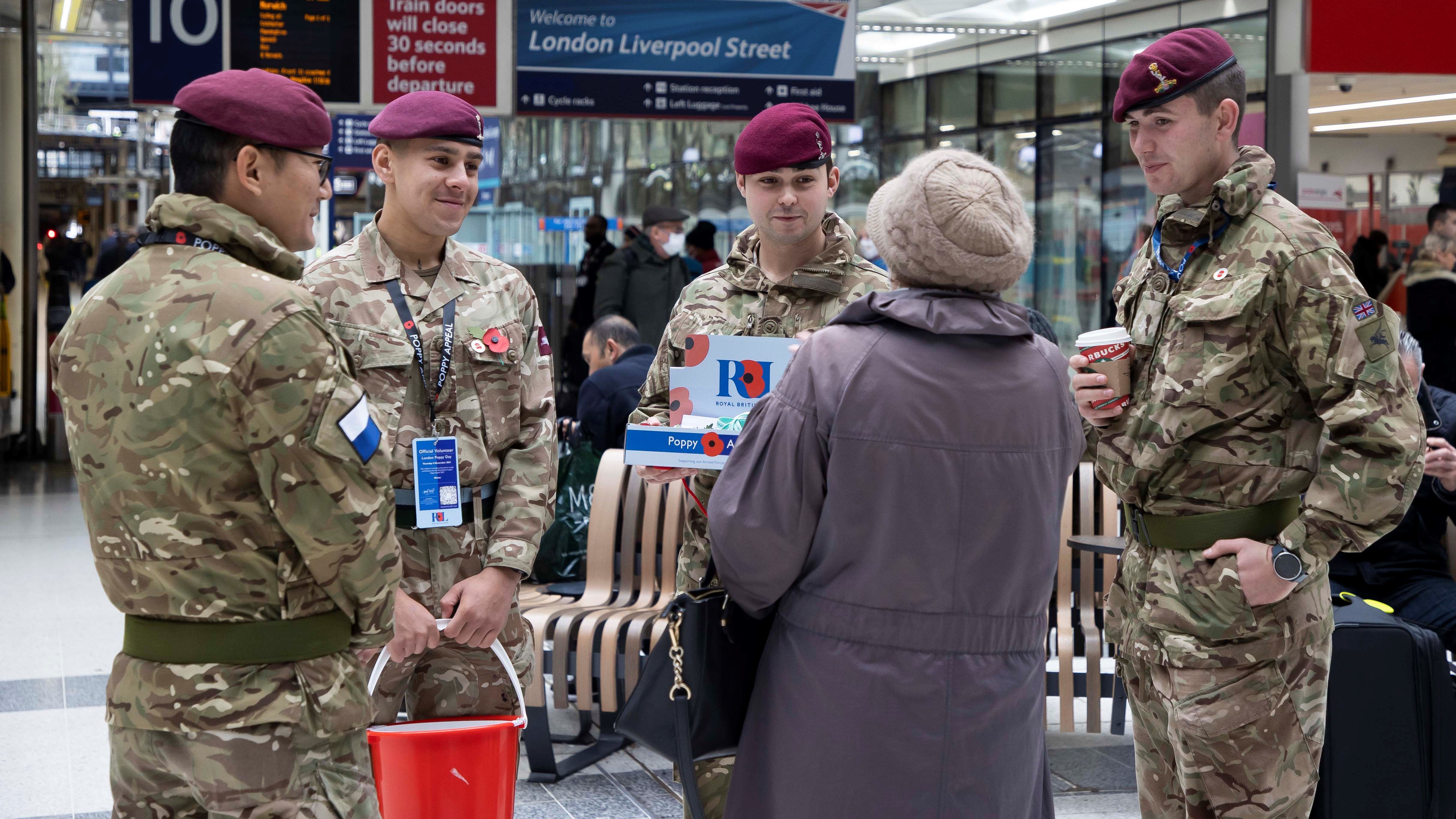 Soldiers collect donations at Liverpool Street Station for London Poppy Day last year