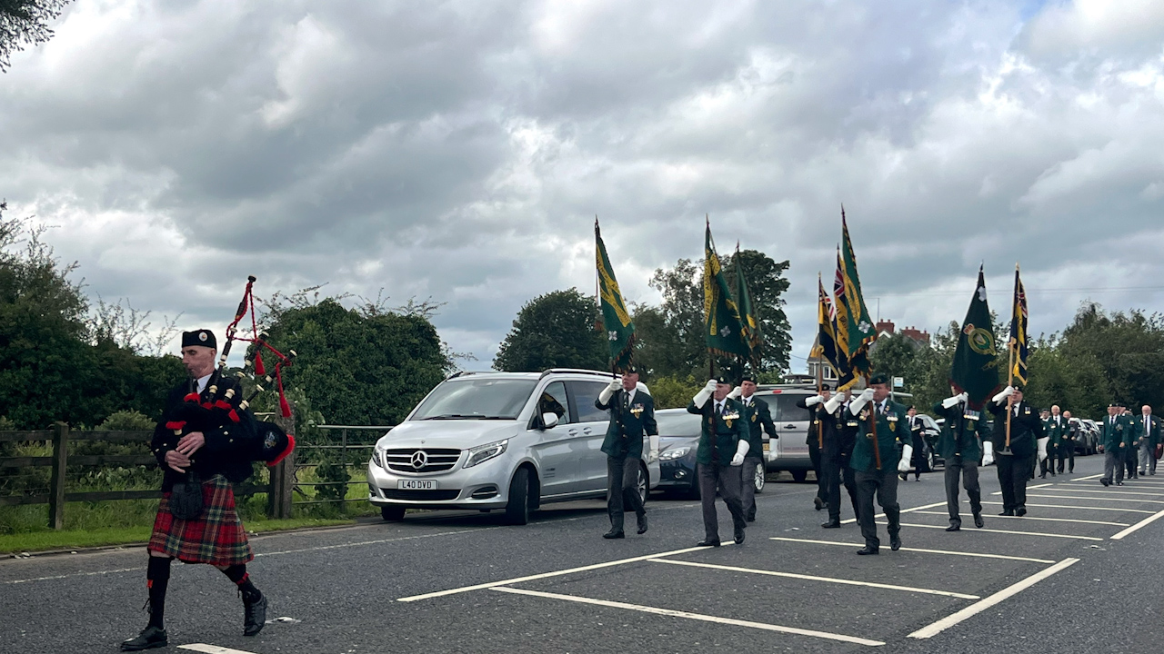 Soldiers marching during the memorial service held in Ballygawley, Co Tyrone, to mark the 35th anniversary of the Ballygawley bus bombing in which eight off-duty soldiers attached to the 1st Light Infantry Regiment were killed (Picture: PA Media).