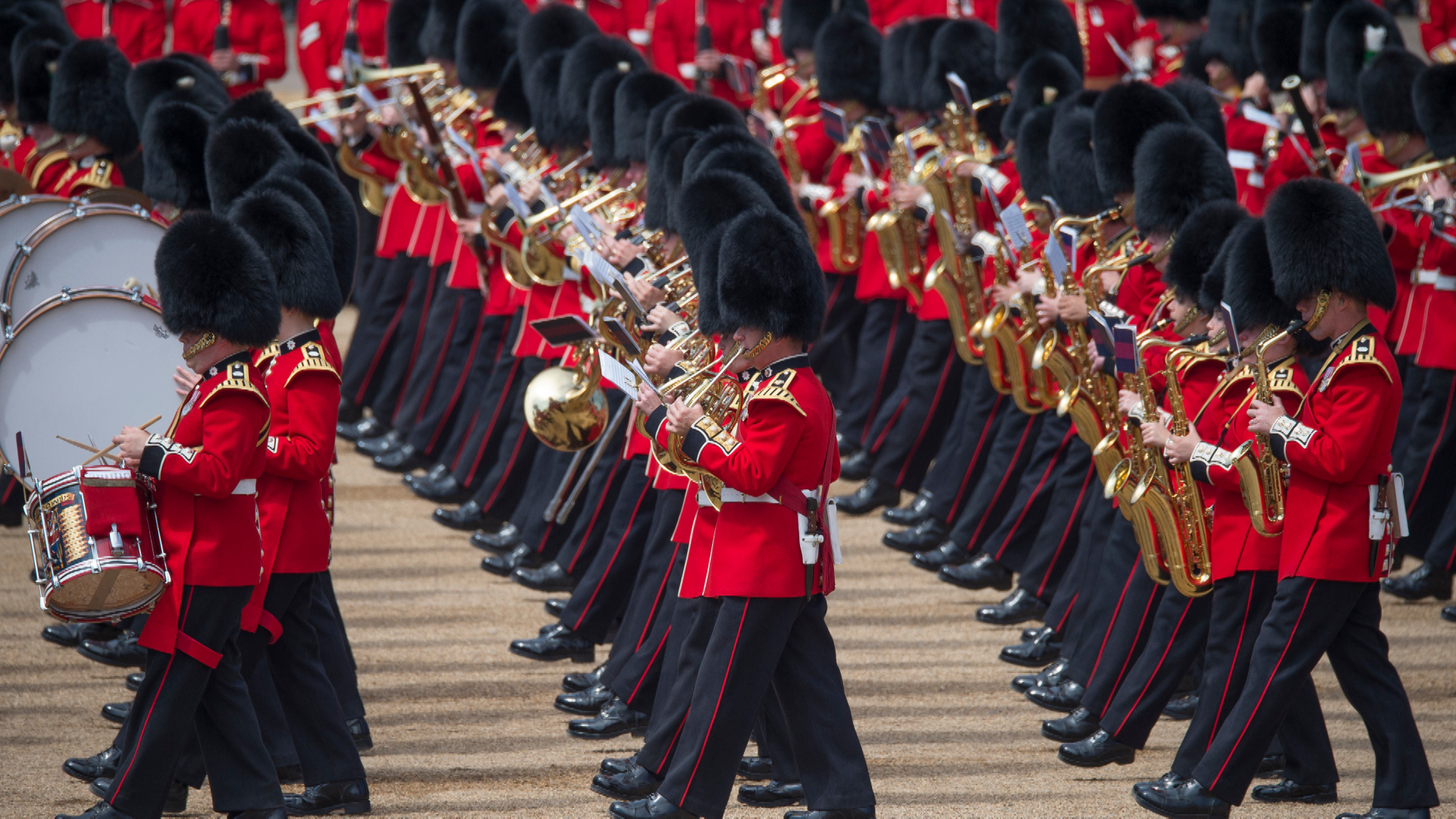Soldiers wearing bearskin hats during the Trooping the Colour in June 2018