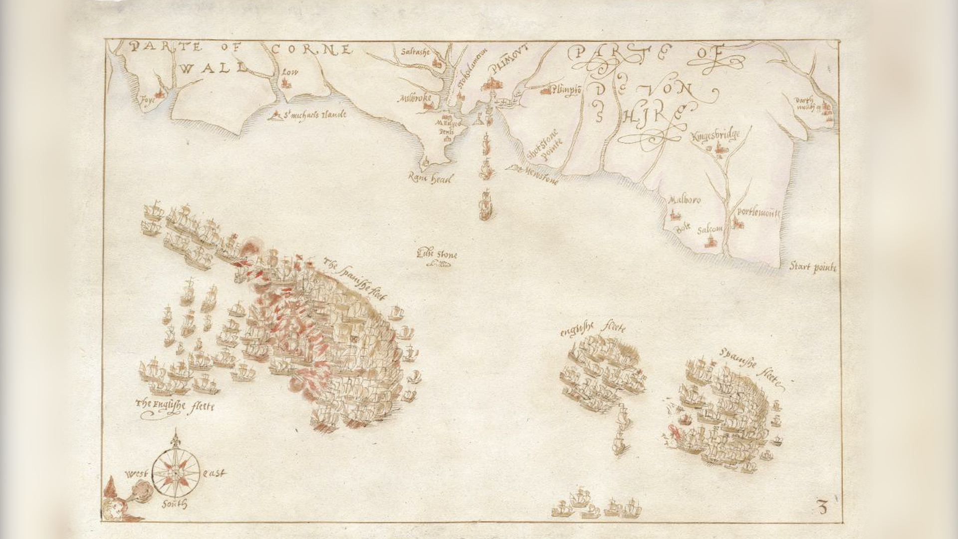 The ink and watercolour maps detail the position in the channel of individual ships in the English and Spanish fleets (Picture: NMRN).