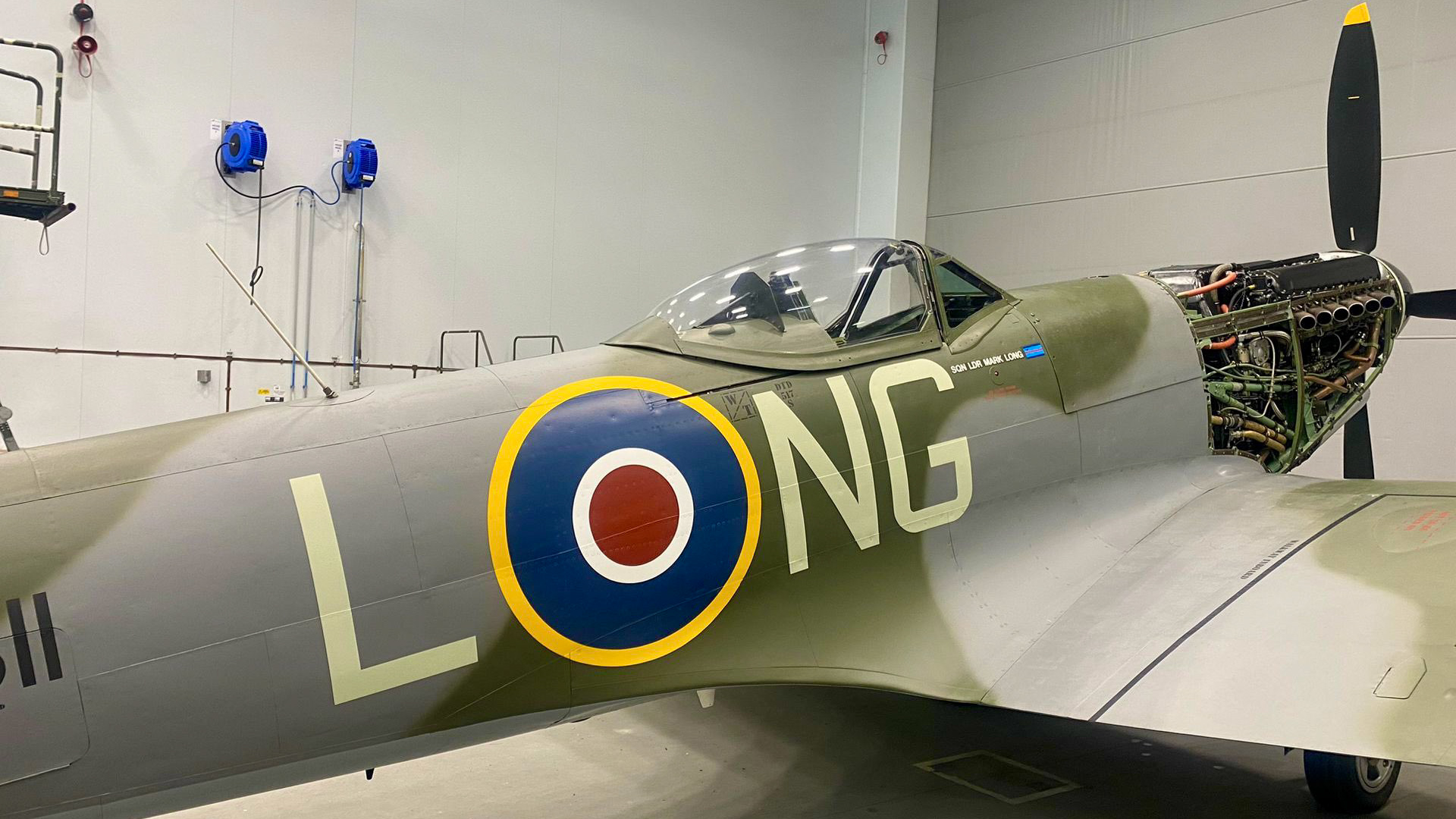 Spitfire TE311 wears the fictitious squadron code L-NG on her Starboard side in memory of Sqn Ldr Mark Long 210724 CREDIT RAFBBMF X
