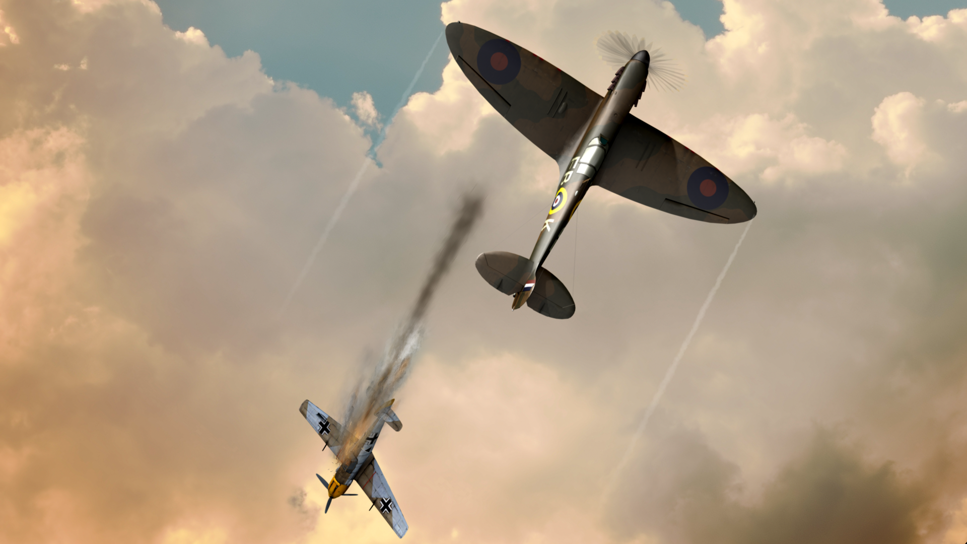 Illustration of a Bf109 being shot down by a Spitfire