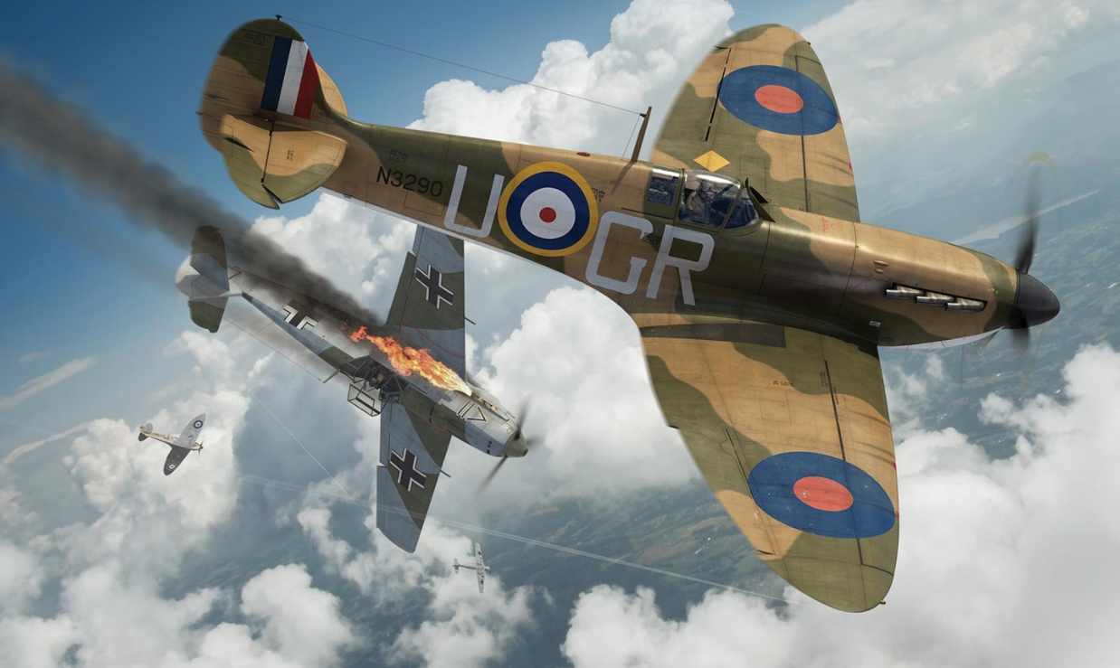 Illustration of Spitfire shooting down a Bf 109