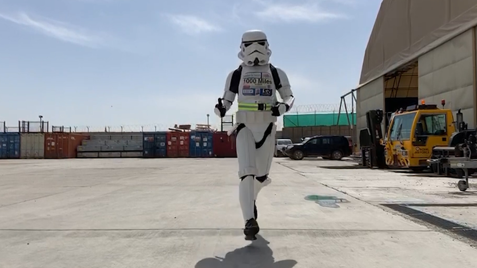 Squadron Leader Jez Allinson running as a Stormtrooper during a deployment in Kabul, Afghanistan