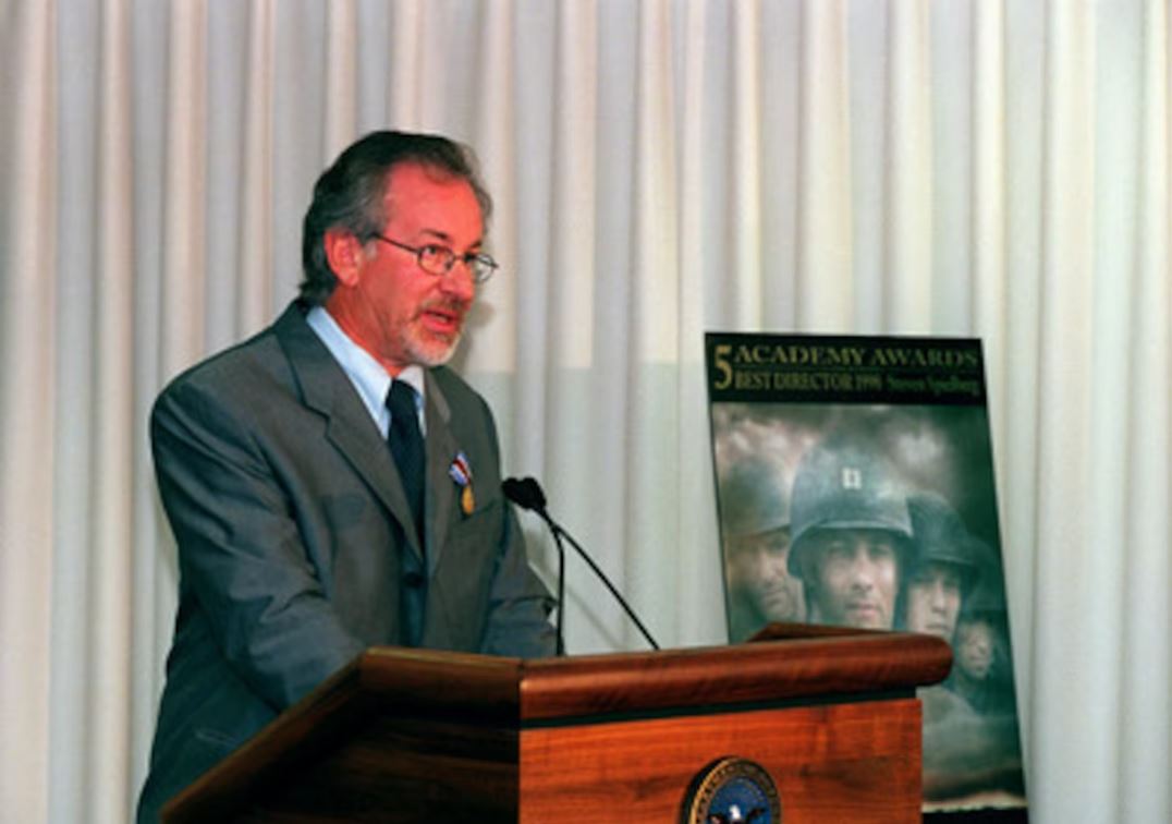 Steven Spielberg after receiving the Department of Defense Medal for Distinguished Public Service from Secretary of Defense William S. Cohen in August 1999 CREDIT Department of Defense