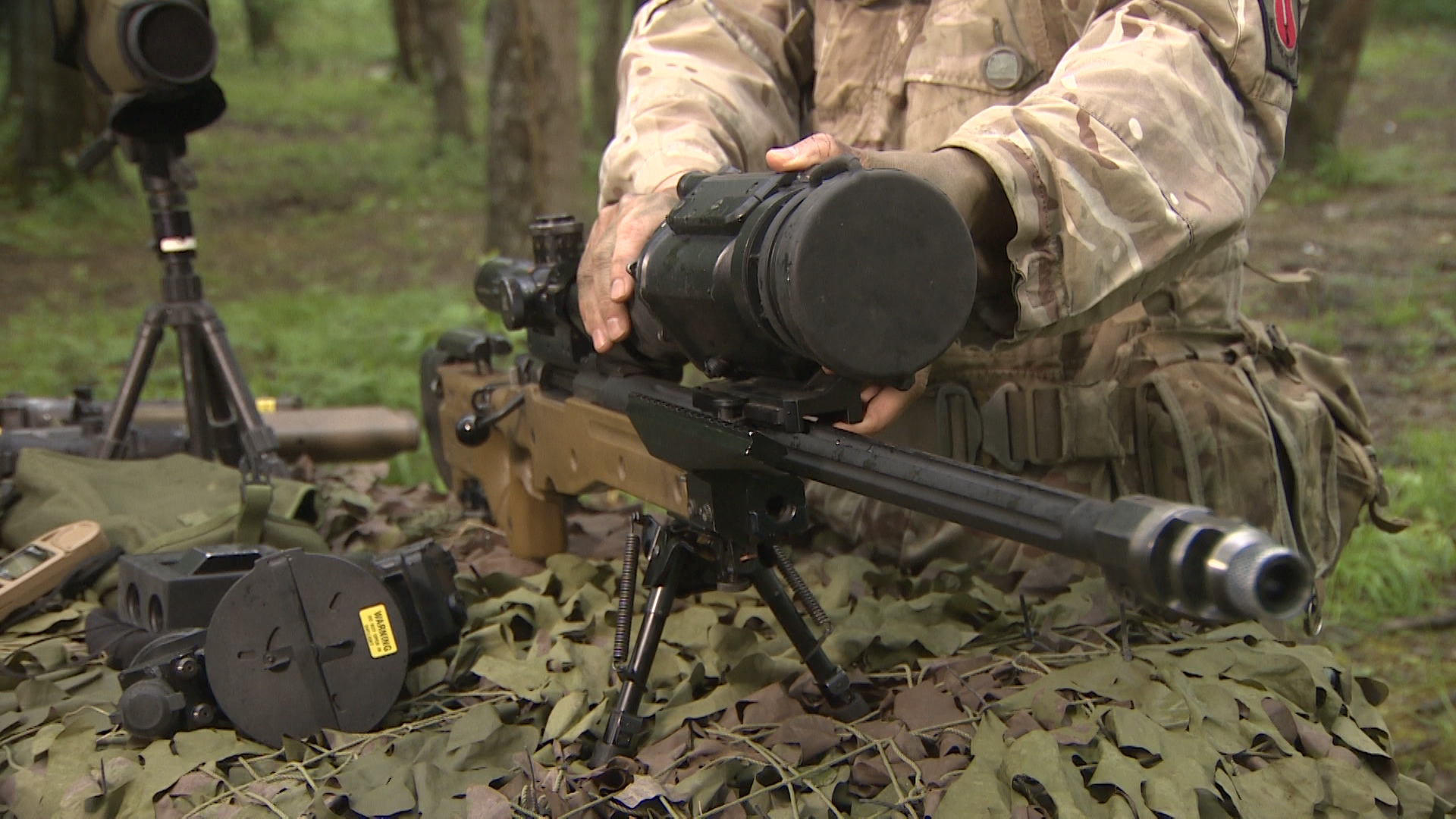 A Stick Sniper Shooting Sight is fitted onto the 338 Sniper Rifle.